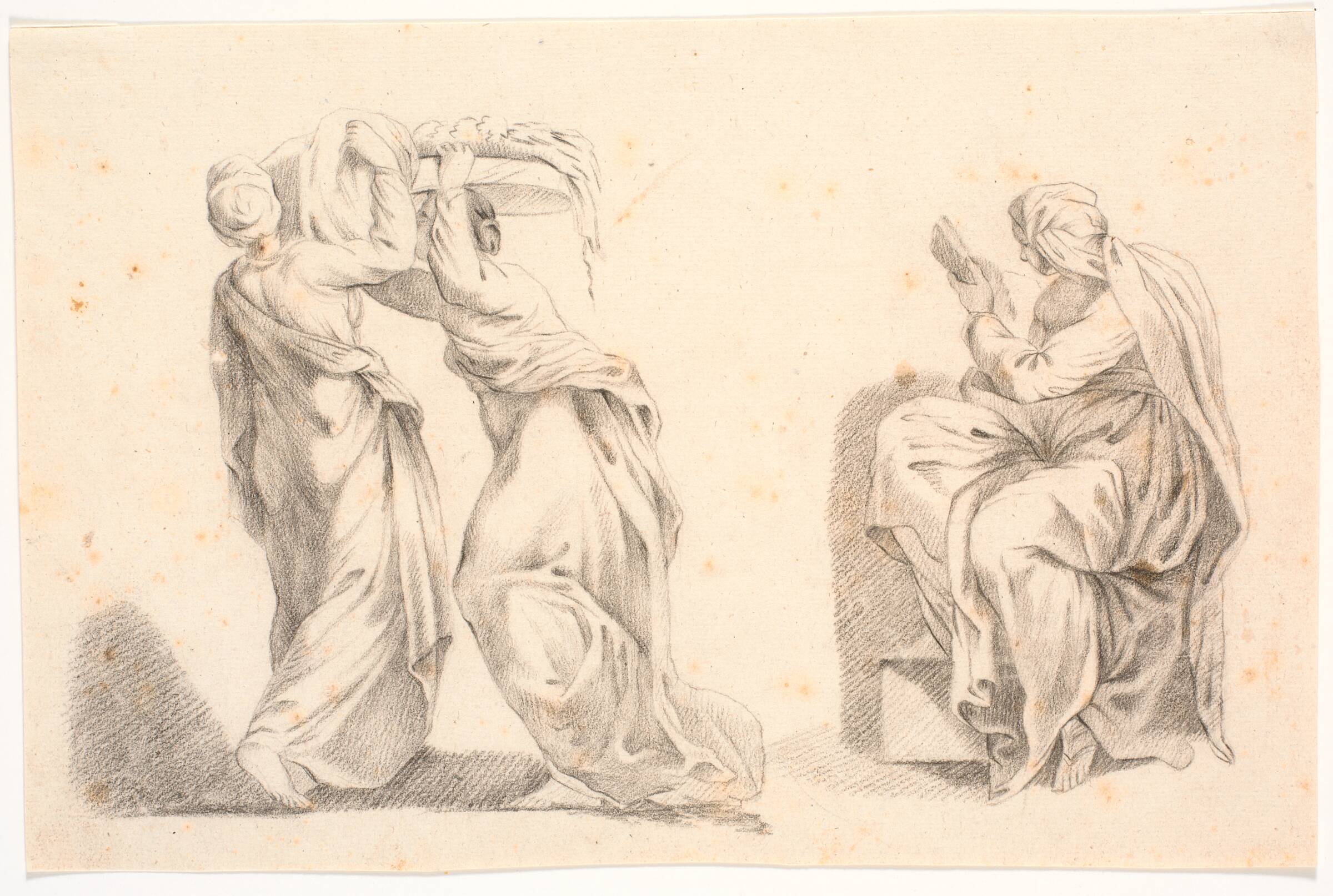 To kvinder i klassiske gevandter bærende en kurv samt en sibylle efter Michelangelo, C.A. Lorentzen, 1746-1828