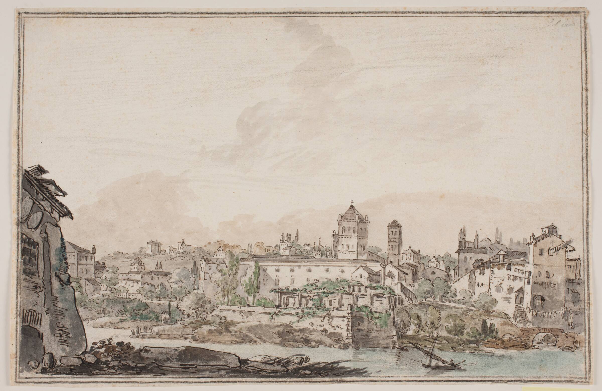 Byprospekt med huse og kirke ved flod. Antikkens Rom, Jens Petersen Lund, 1730-1793