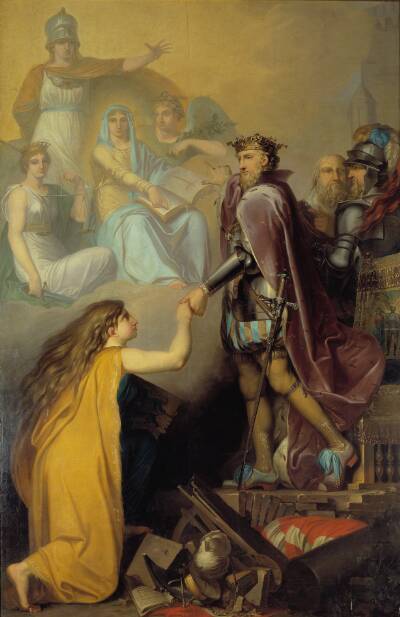 Christian III ophjælper Danmark. Allegori
