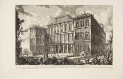 Barberini-familiens palazzo på Quirinall, tegnet af Bernini, med en sammenstyrtet obelisk i forgrunden