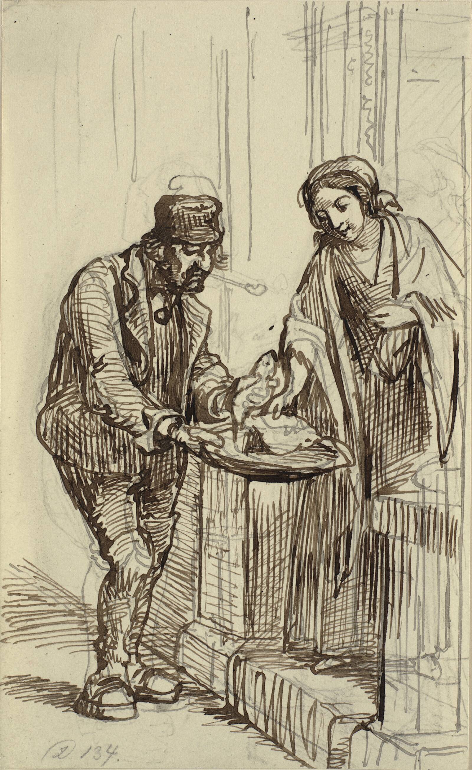 Ung dame og fiskehandler, Wilhelm Marstrand, 1810-1873