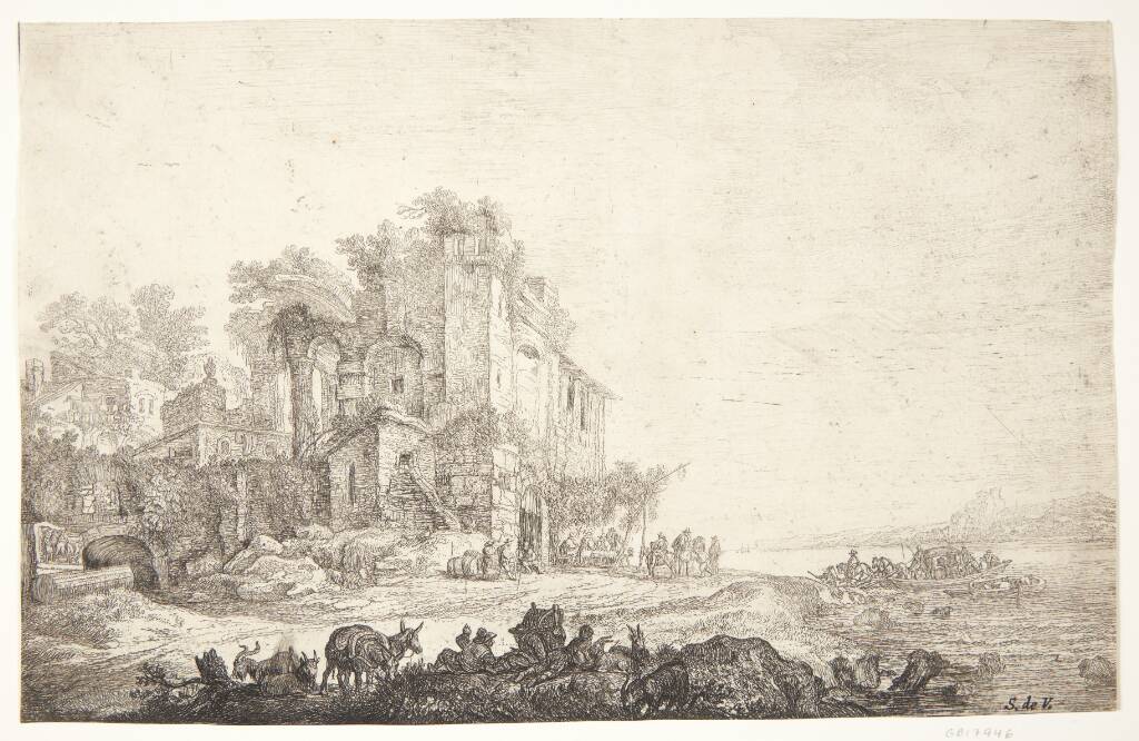 Kro i en sammenstyrtet bygning, Simon de Vlieger, 1600-1653