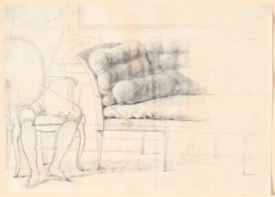 Studie til det Holmskioldske familiebillede fra 1787: den polstrede sofa, og til venstre en stol med Holmskiolds figur skitseret