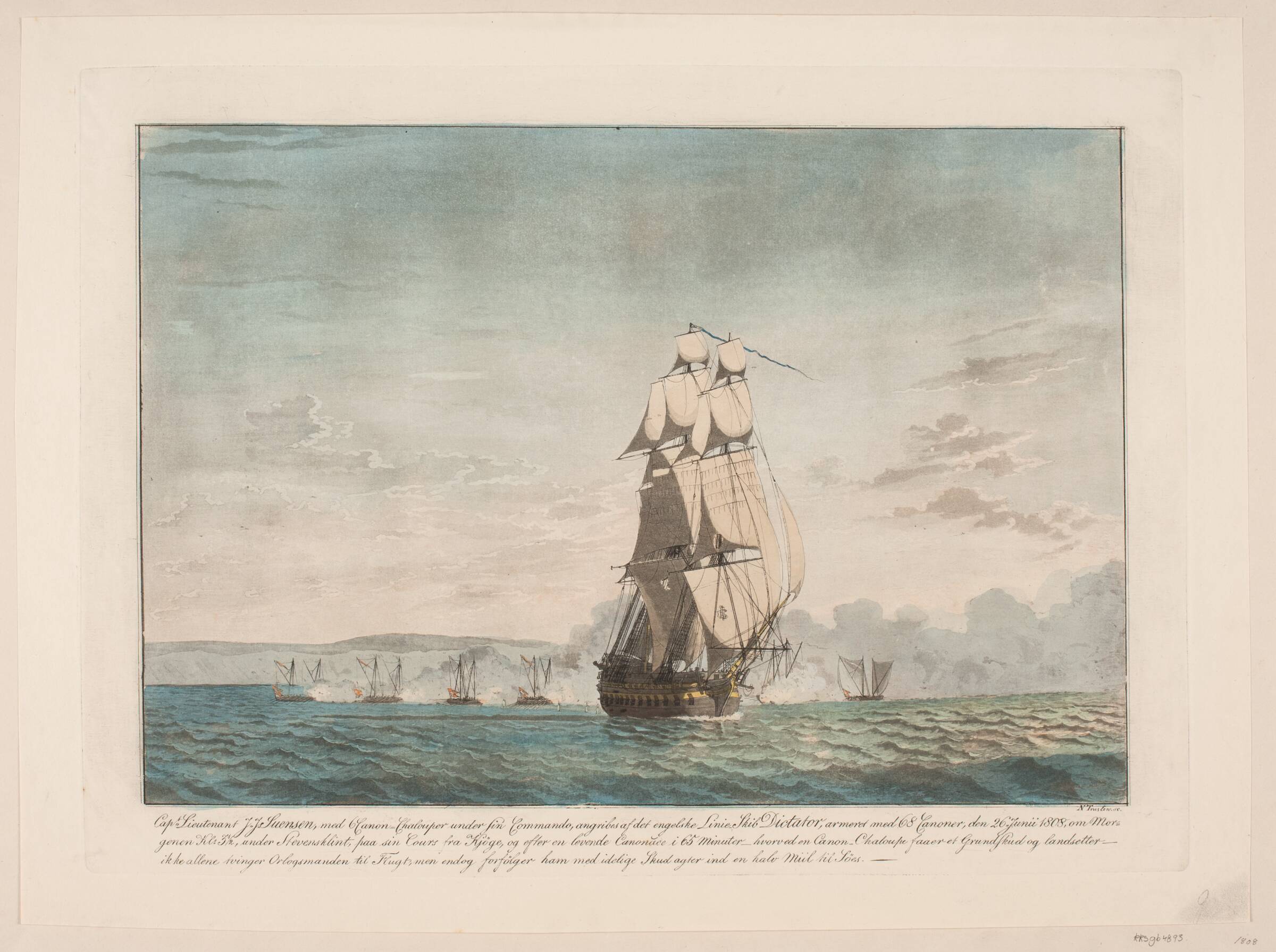 Kampen mellem 6 danske kanonbåde og det engelske linieskib "Dictator", Niels Truslew, 1808