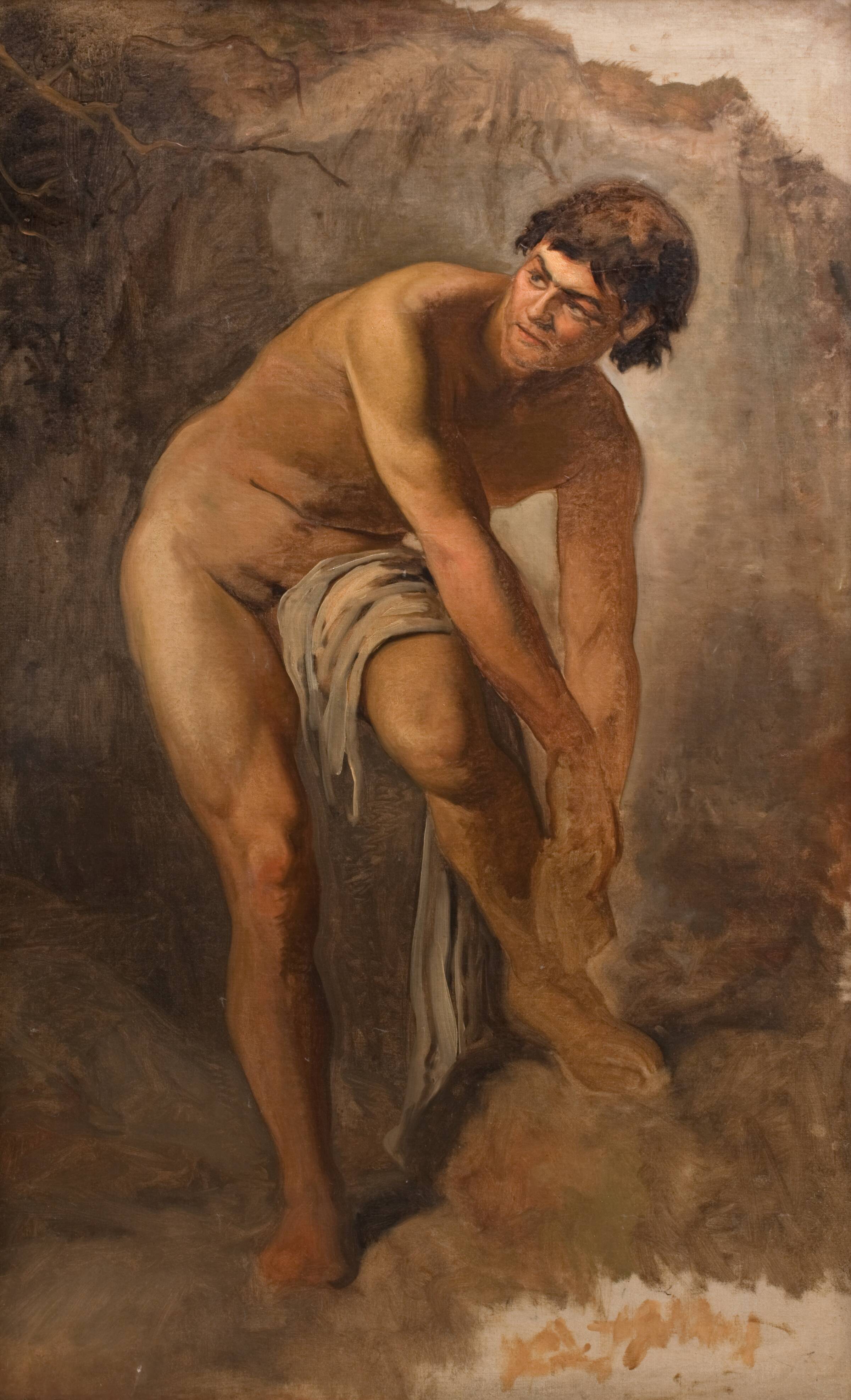 Ung italiensk mandsfigur i klippelandskab, L.A. Schou, 1865-1867
