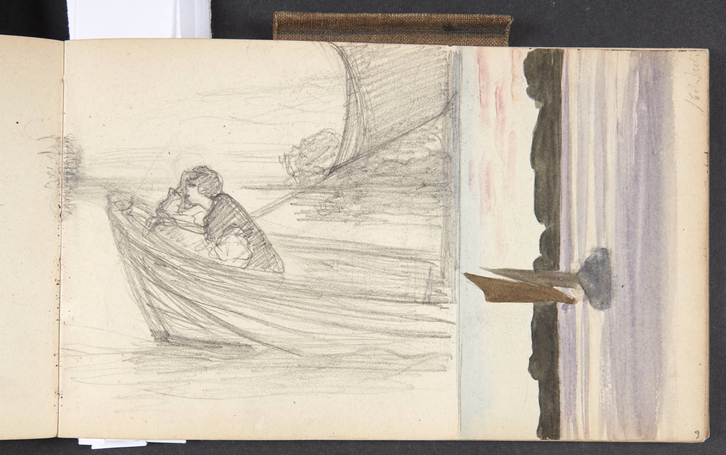 Kvinde i en sejlbåd samt sejlbåd på vandet ved aftenstid, Agnes Slott-Møller, 1897