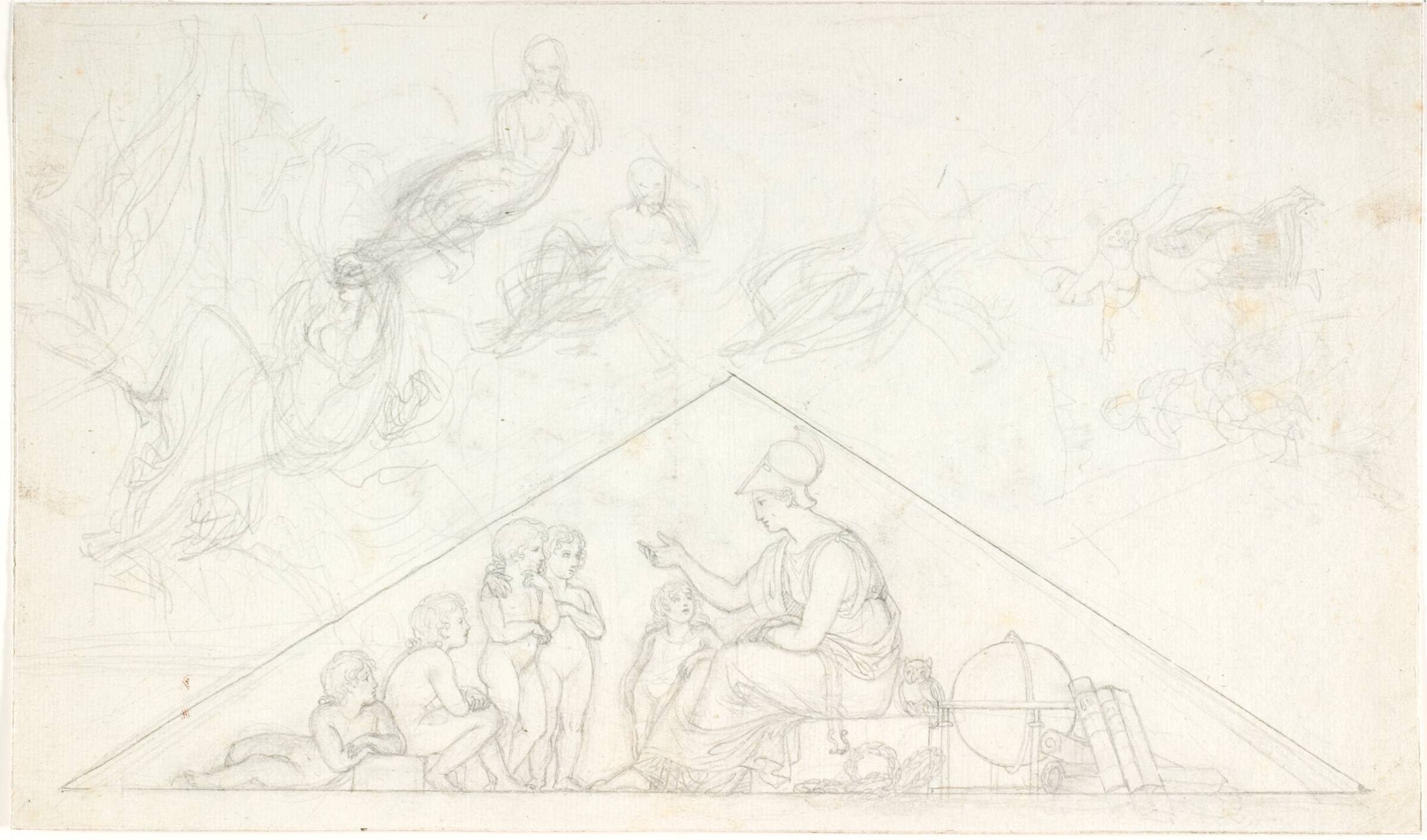 Gavlfelt. Athene underviser nogle børn. Forskellige udkast til liggende figurer, C.G. Kratzenstein Stub, 1783-1816