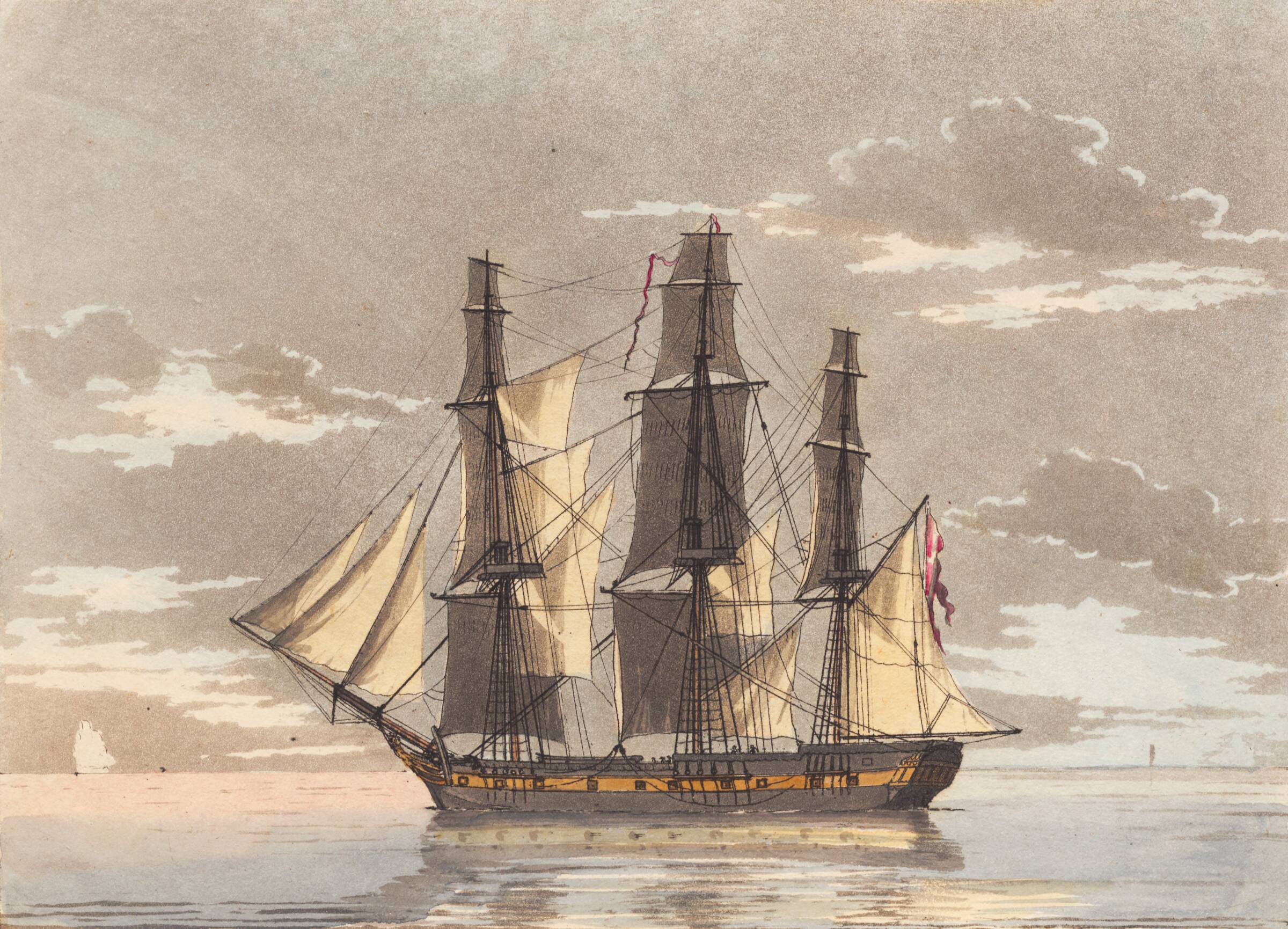 En dansk fregat med alle seil til i et roligt havblik, Niels Truslew, 1805