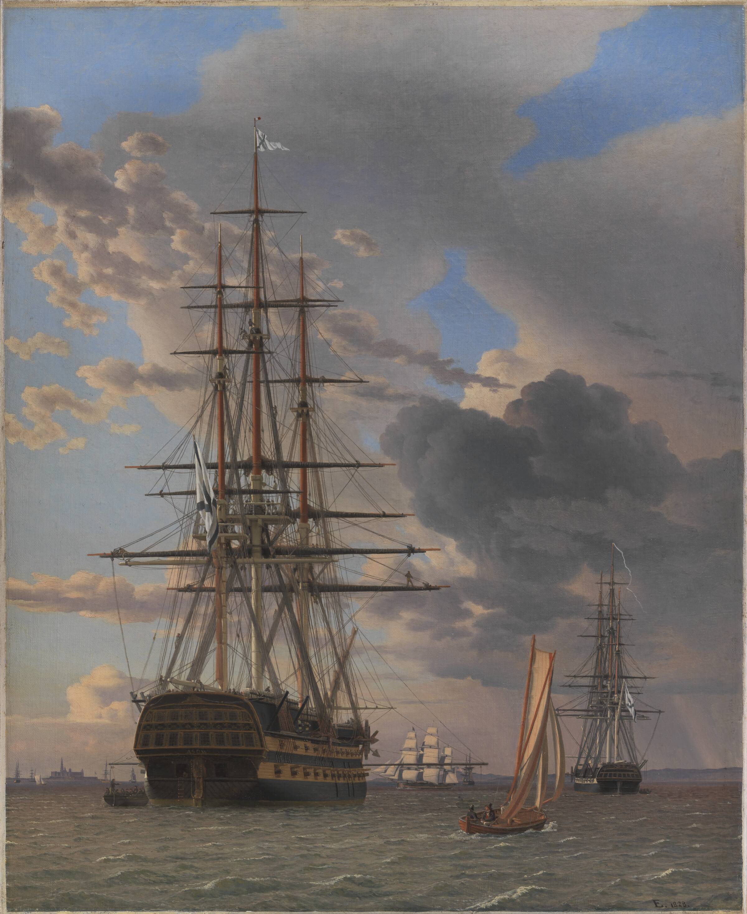 Det russiske linjeskib "Asow" og en fregat til ankers på Helsingørs red, C.W. Eckersberg, 1828