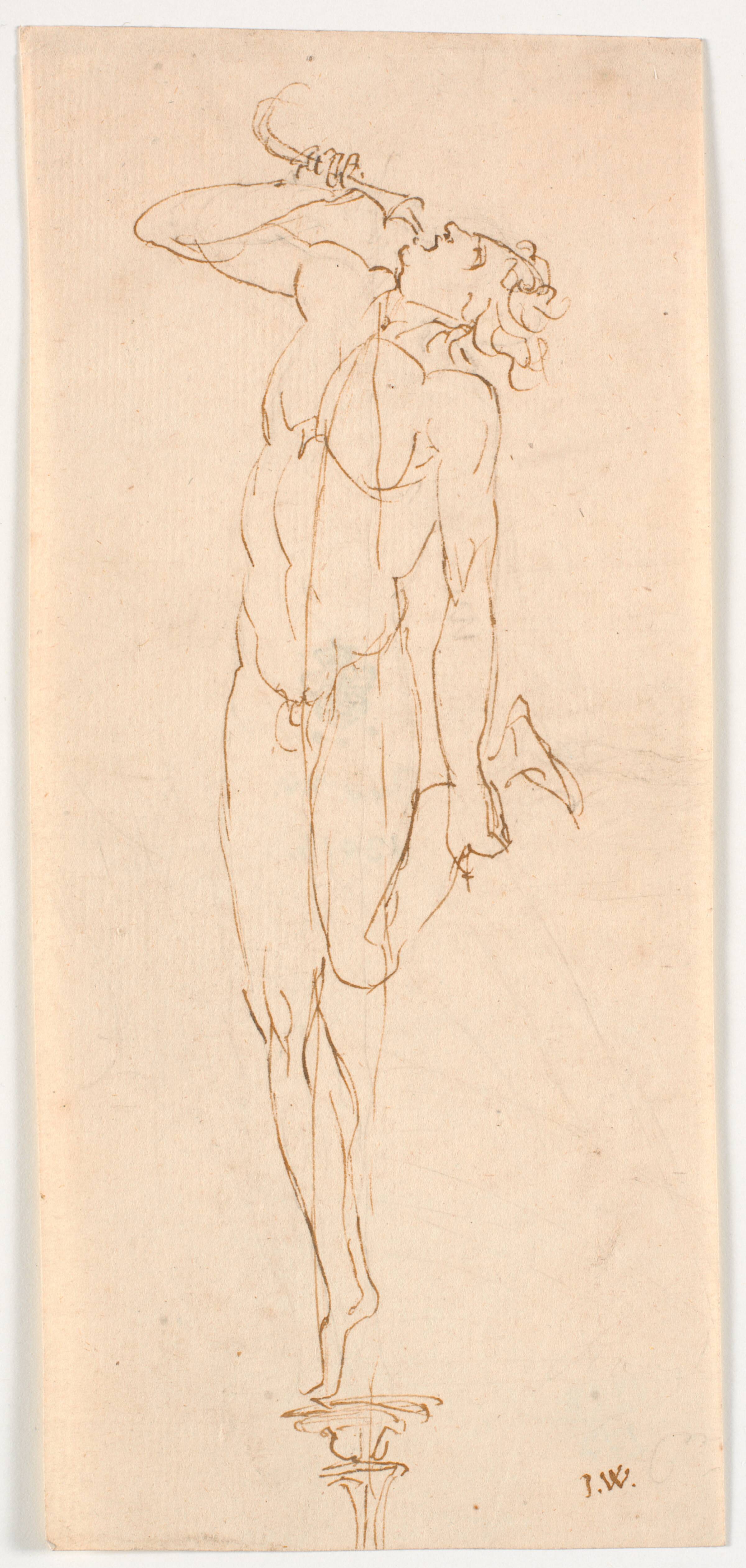 Nøgen mandsfigur med drikkehorn, stående med det ene ben på søjle el. lign., Johannes Wiedewelt, 1731-1802