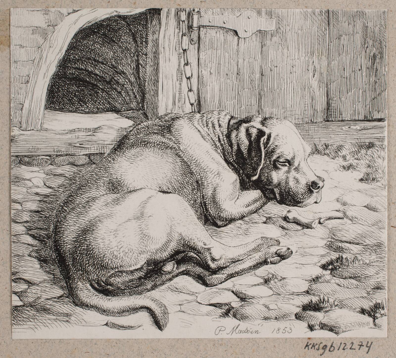 En sovende lænkehund, Madsen, A.P., 1853