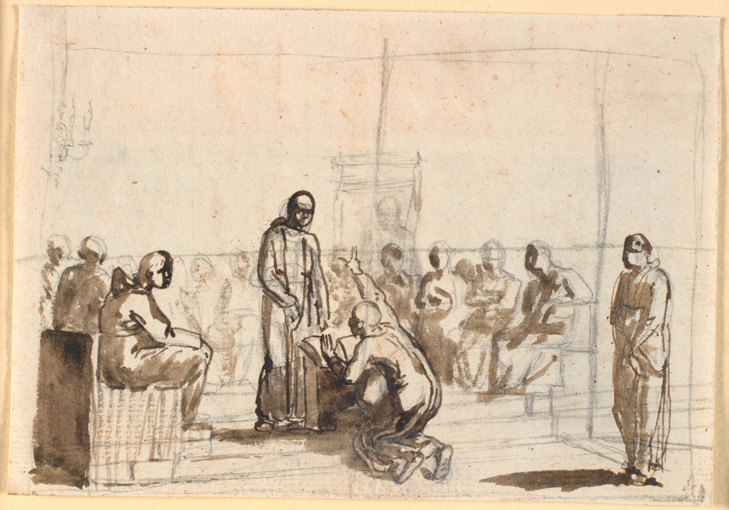 Galilei afsværgende sine "vildfarelser" for munkedomstolen, Nicolai Abildgaard, 1743-1809