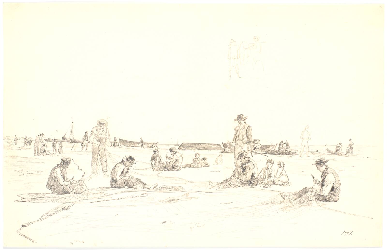 Fiskere bøder garn ved stranden, Skagen, Martinus Rørbye, 1847