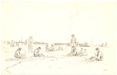 Fiskere bøder garn ved stranden, Skagen