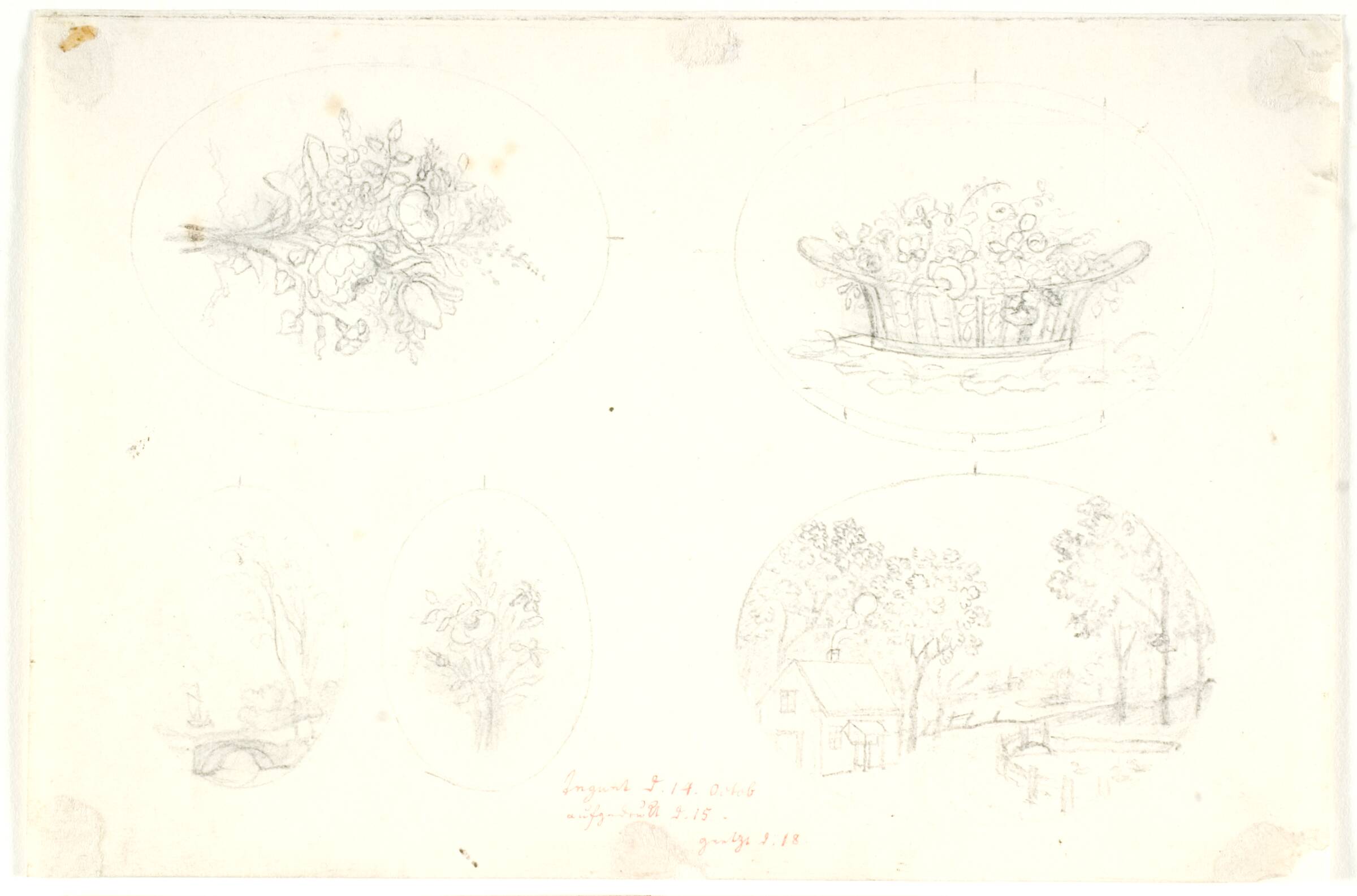 5 vignetter med blomster og landskaber, Gerhard Ludvig Lahde, 1765-1833