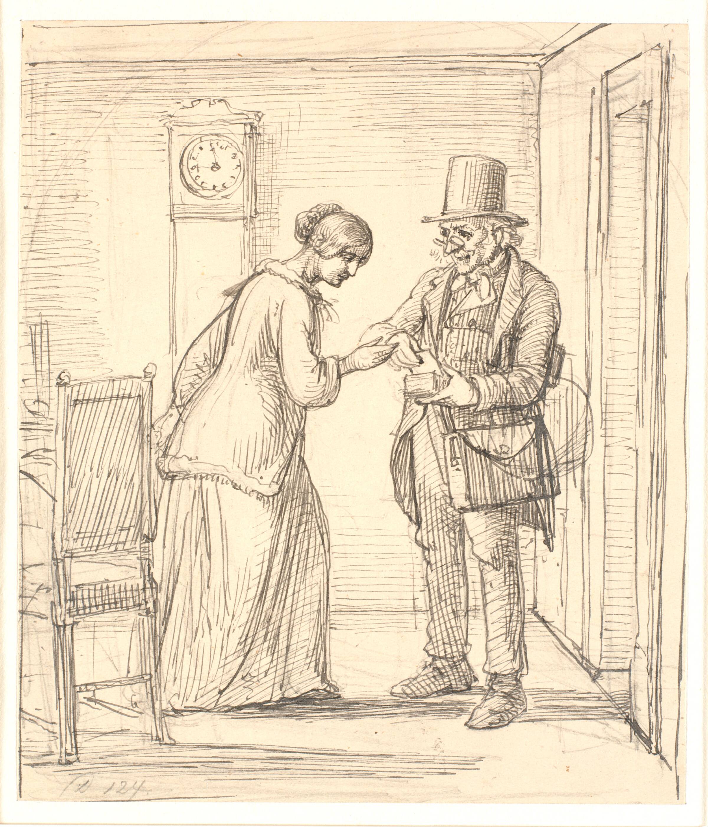 En yngre dame modtager er brev af postbudet, Wilhelm Marstrand, 1810-1873