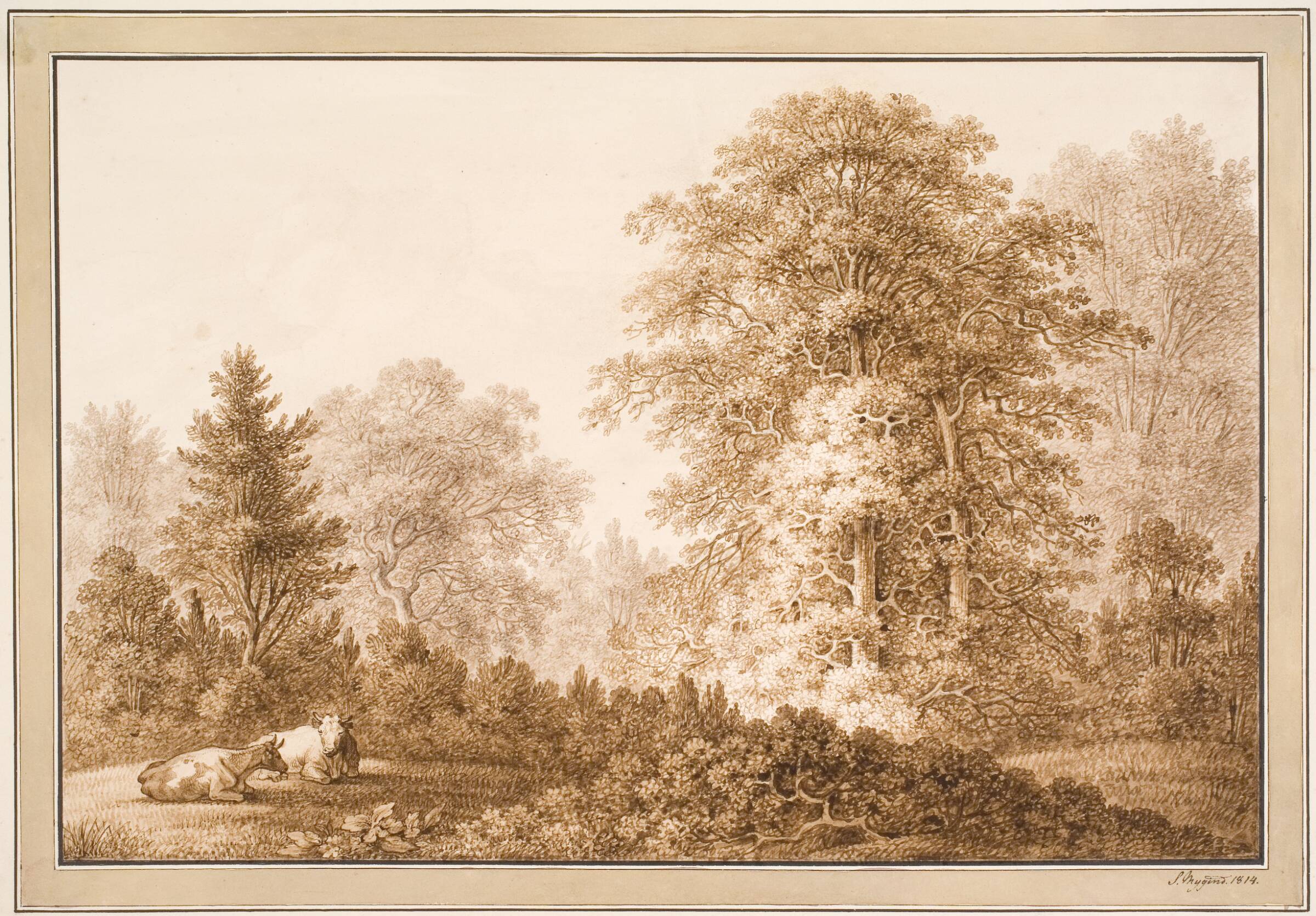 Skovparti med to liggende køer, Samuel Mygind, 1814