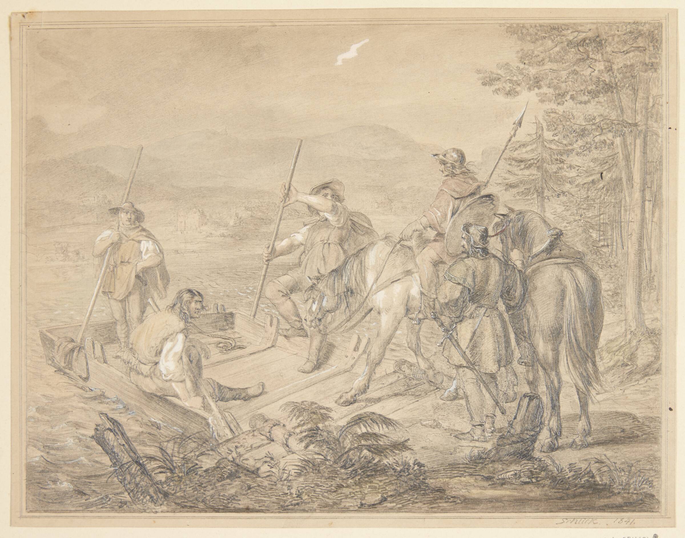 Landskab med ryttere ved en færge, Gustav Schlick, 1841