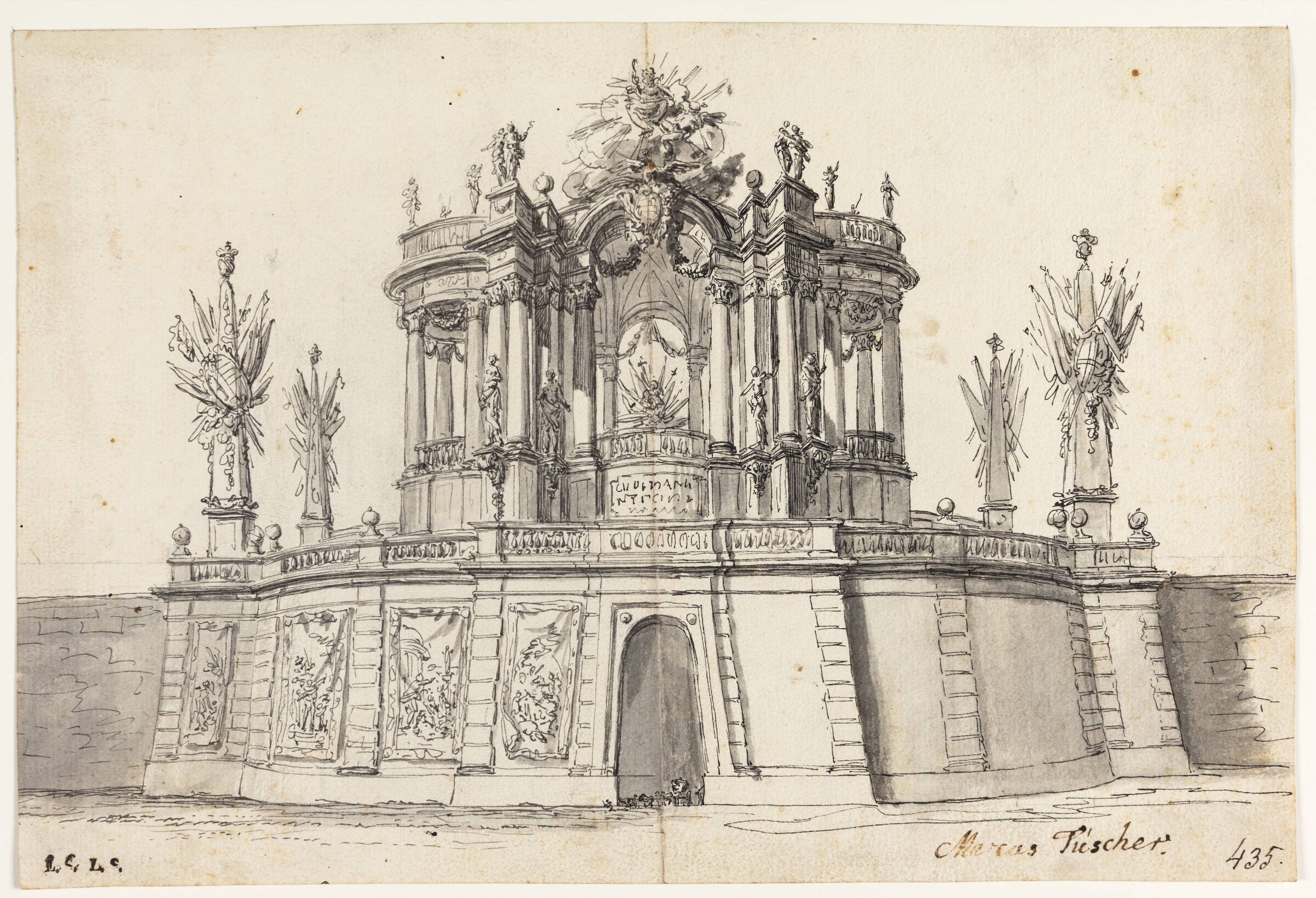 Udkast til dekoration med sejrstempel el. lign., Marcus Tuscher, 1747-1750