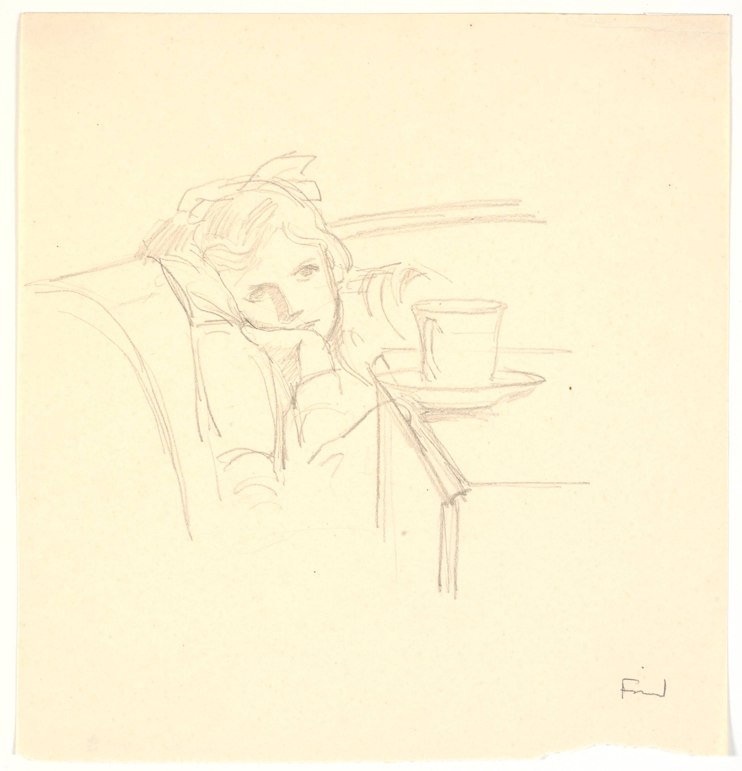 Lille pige i sofa bag et bord med en kop, Ludvig Find, 1869-1945