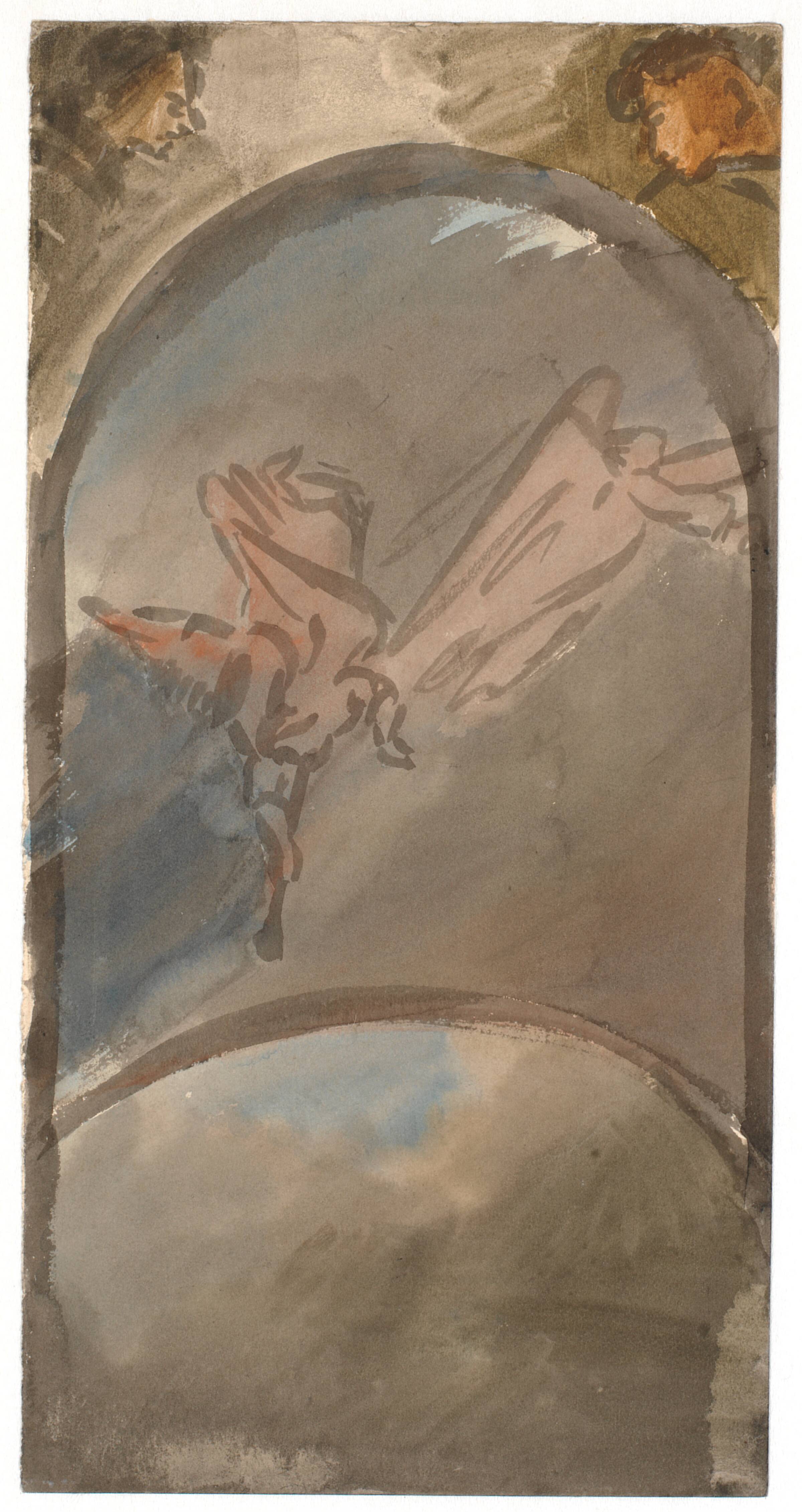Komposition med to basunblæsende engle over jordkuglen, Isakson, Karl, 1895