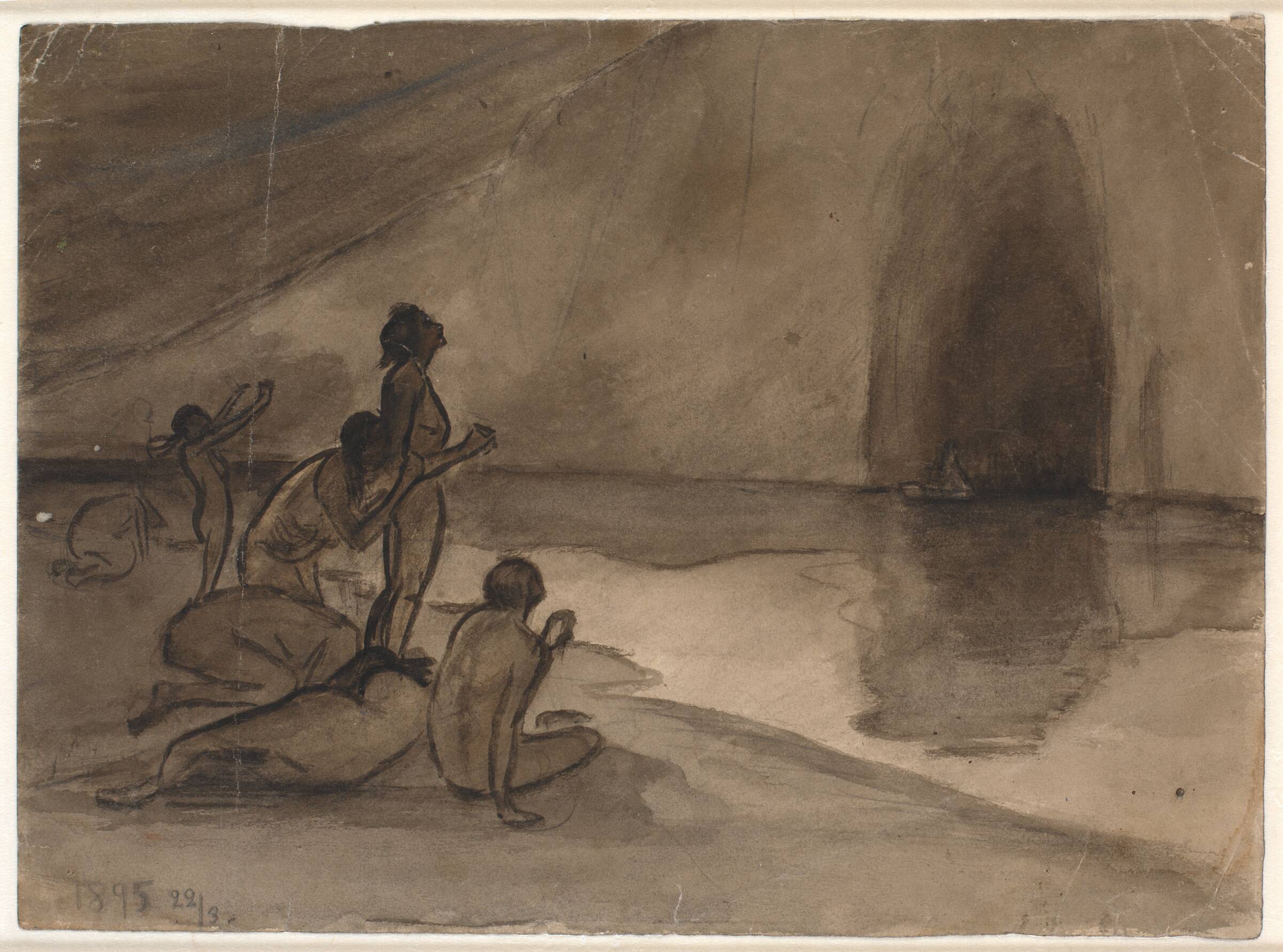 Nøgne mennesker på strandbredden af Aurvangalandet ser båden med Heimdal komme, Isakson, Karl, 1895