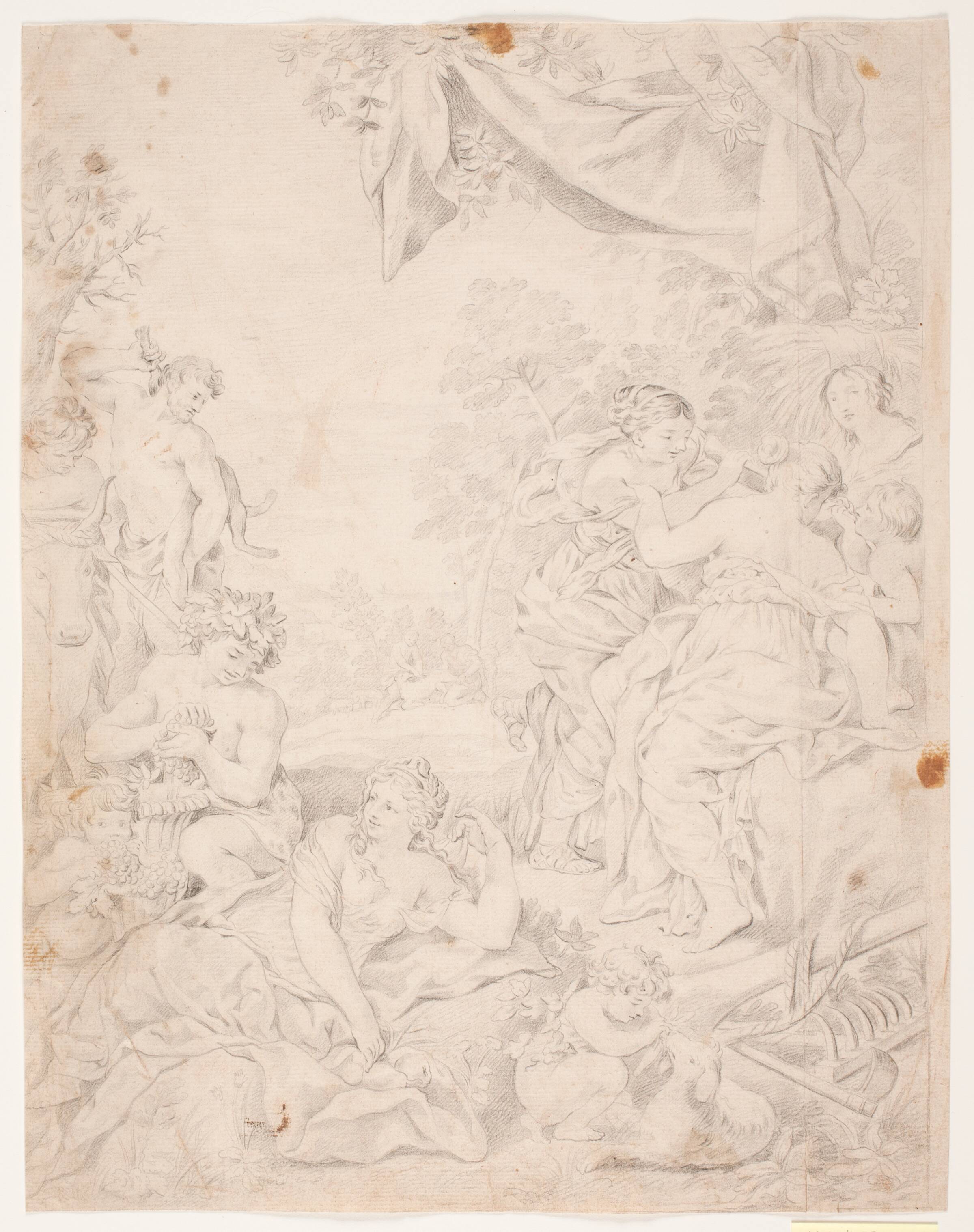 Sølvalderen. Studie efter Pietro da Cortonas komposition i Sala della Stuffa, Palazzo Pitti, Firenze, Hendrik Krock, 1671-1738