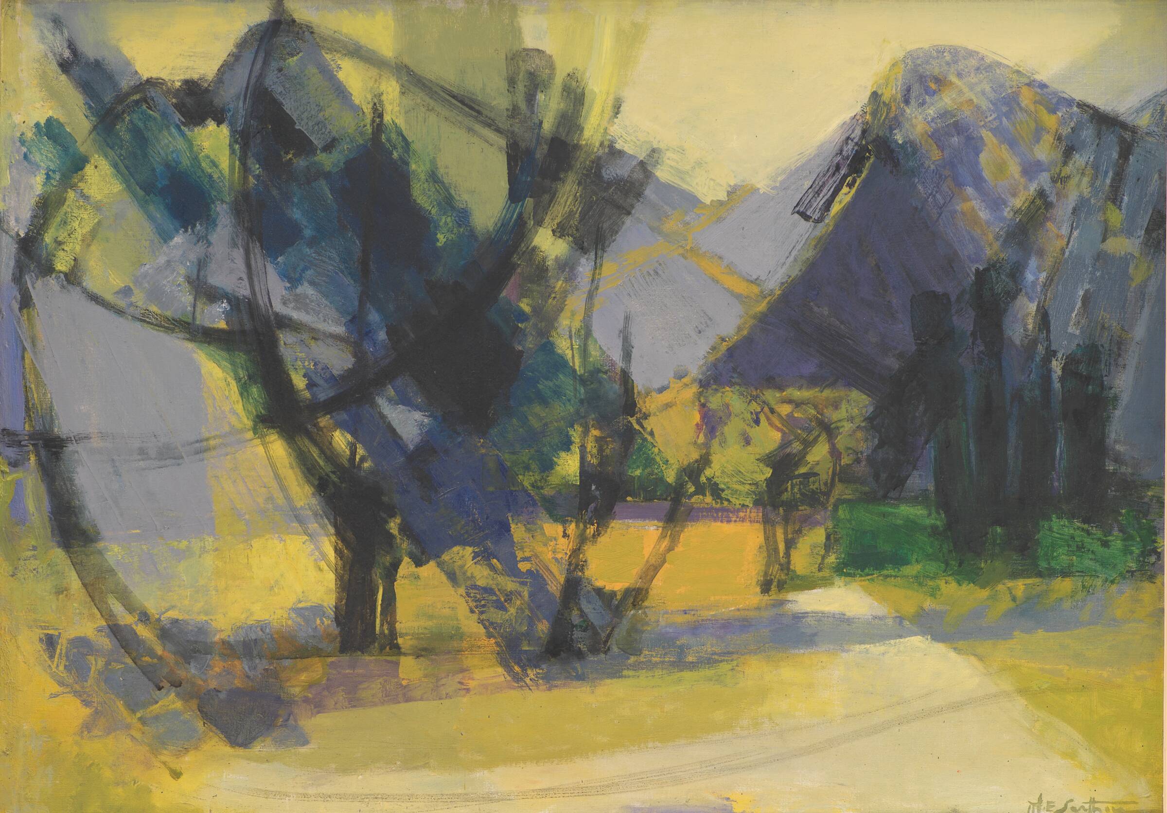 Les Alpilles. Landskab med en række træer i forgrunden og bjerge i baggrunden, Maurice E. Sarthou, 1953-1956