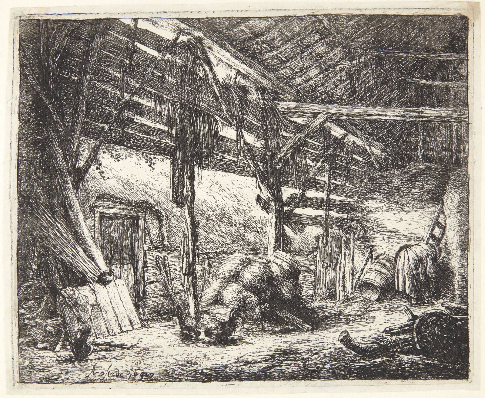 Det indre af en lade, Adriaen van Ostade, 1647