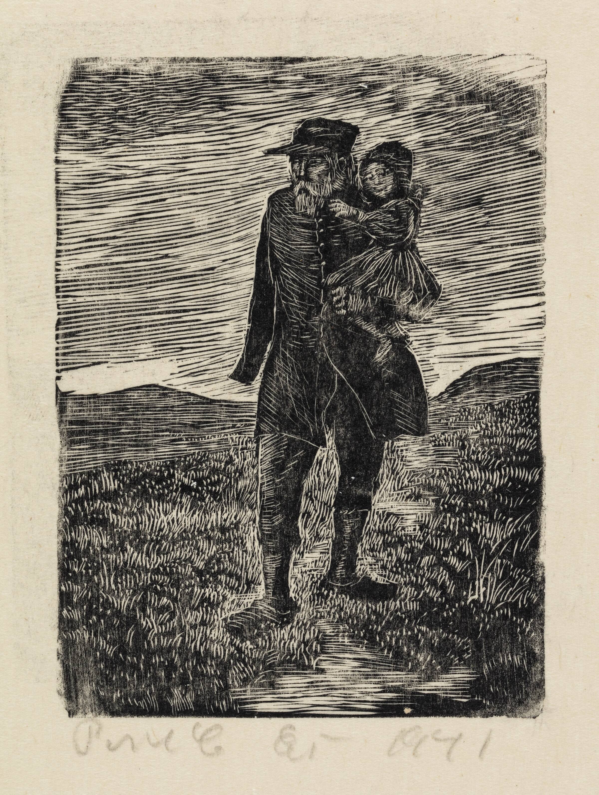 Enarmet soldat med en lille pige på armen. Fra Steensen Blichers "E bindstouw", Povl Christensen, 1941