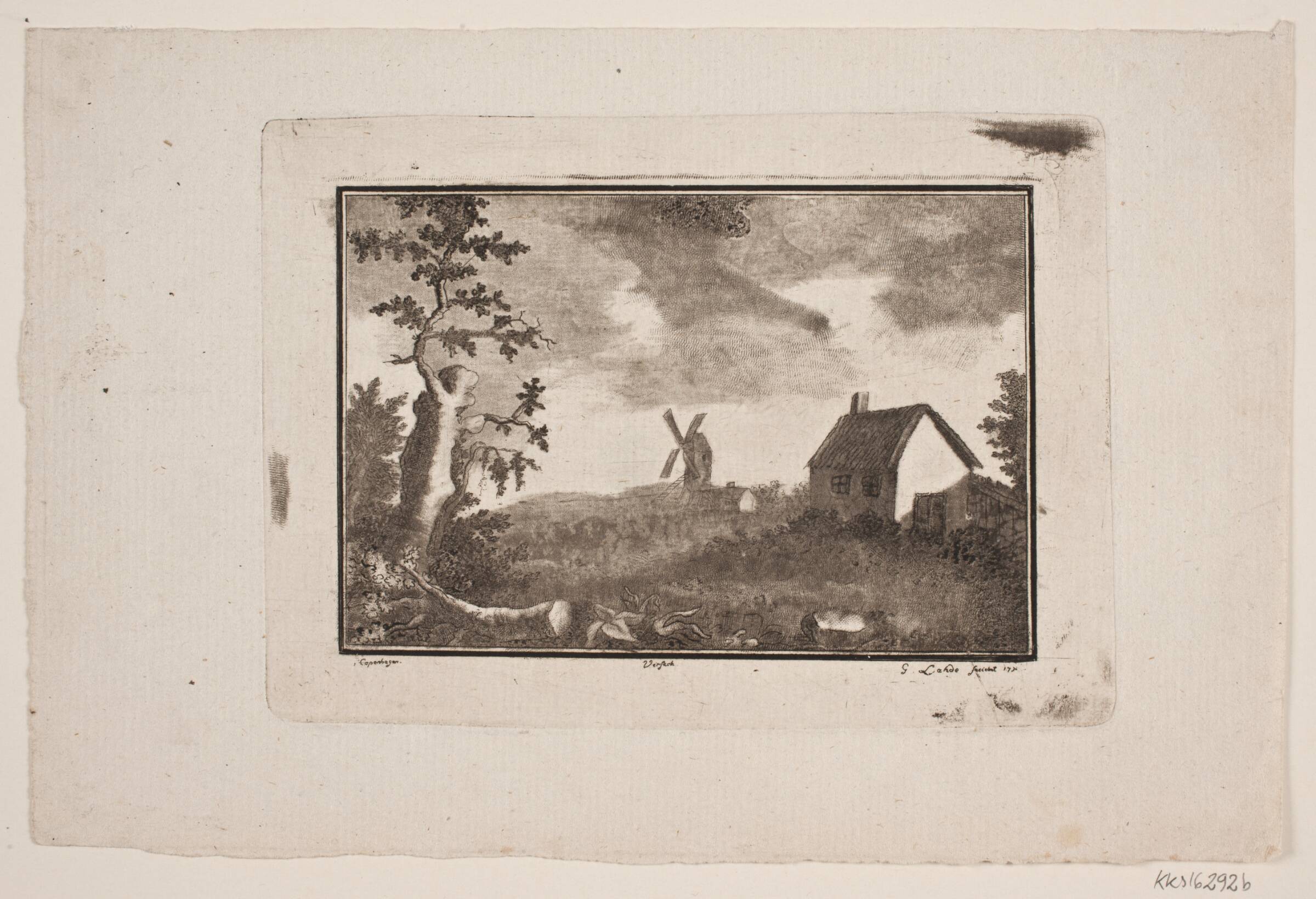 Landskab med hus og mølle, Gerhard Ludvig Lahde, 1790