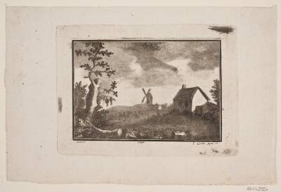 Landskab med hus og mølle