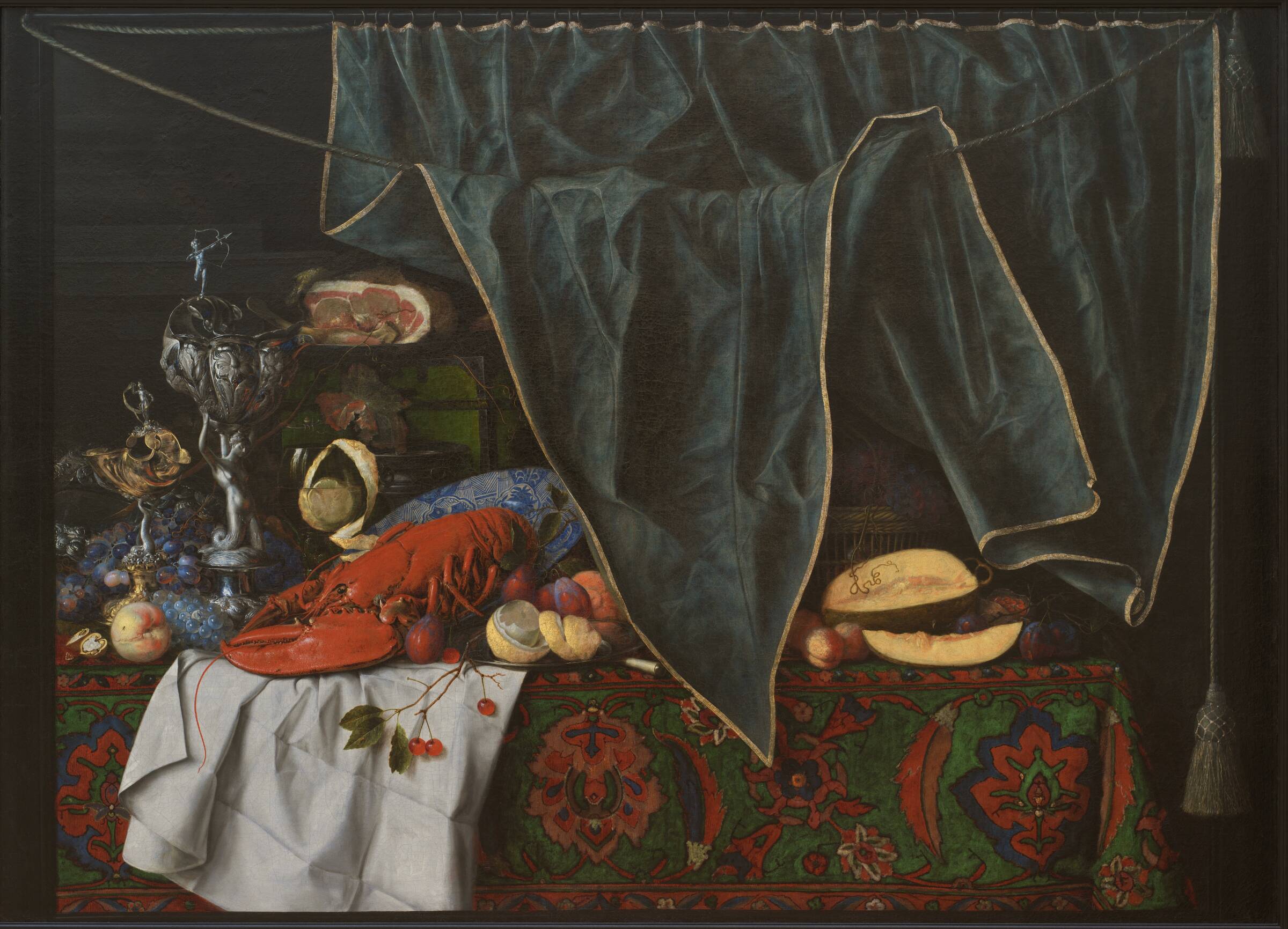Trompe l'oeil med måltidsstykke med pragtkar, Cornelius Norbertus Gijsbrechts, 1672
