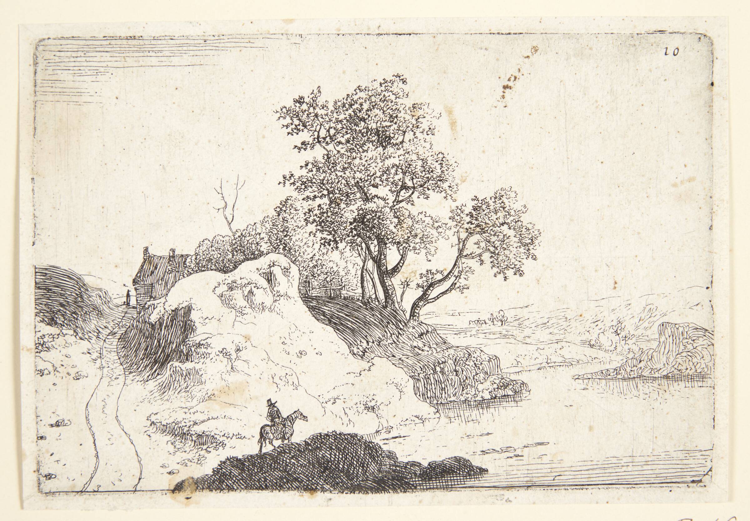 Flodlandskab, i forgrunden en rytter, t.v. en vej, der fører op til et hus, Jan van Aken, 1614-1661