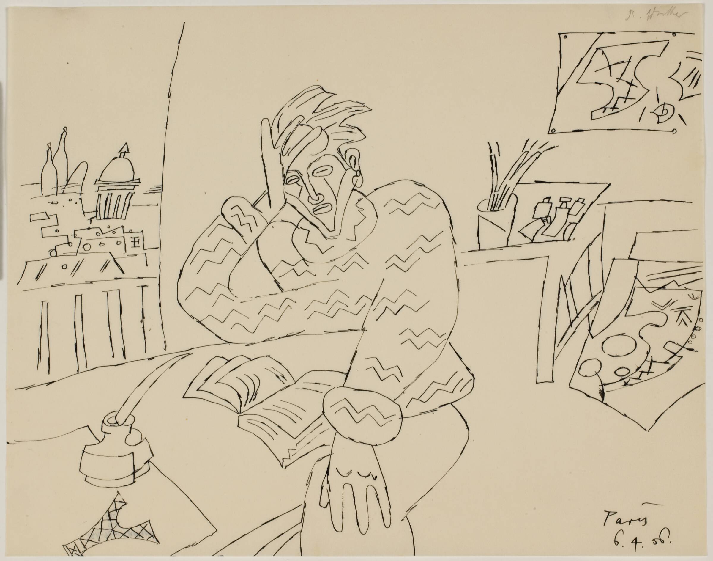 Selvportræt i atelier, læsende, Richard Winther, 1956