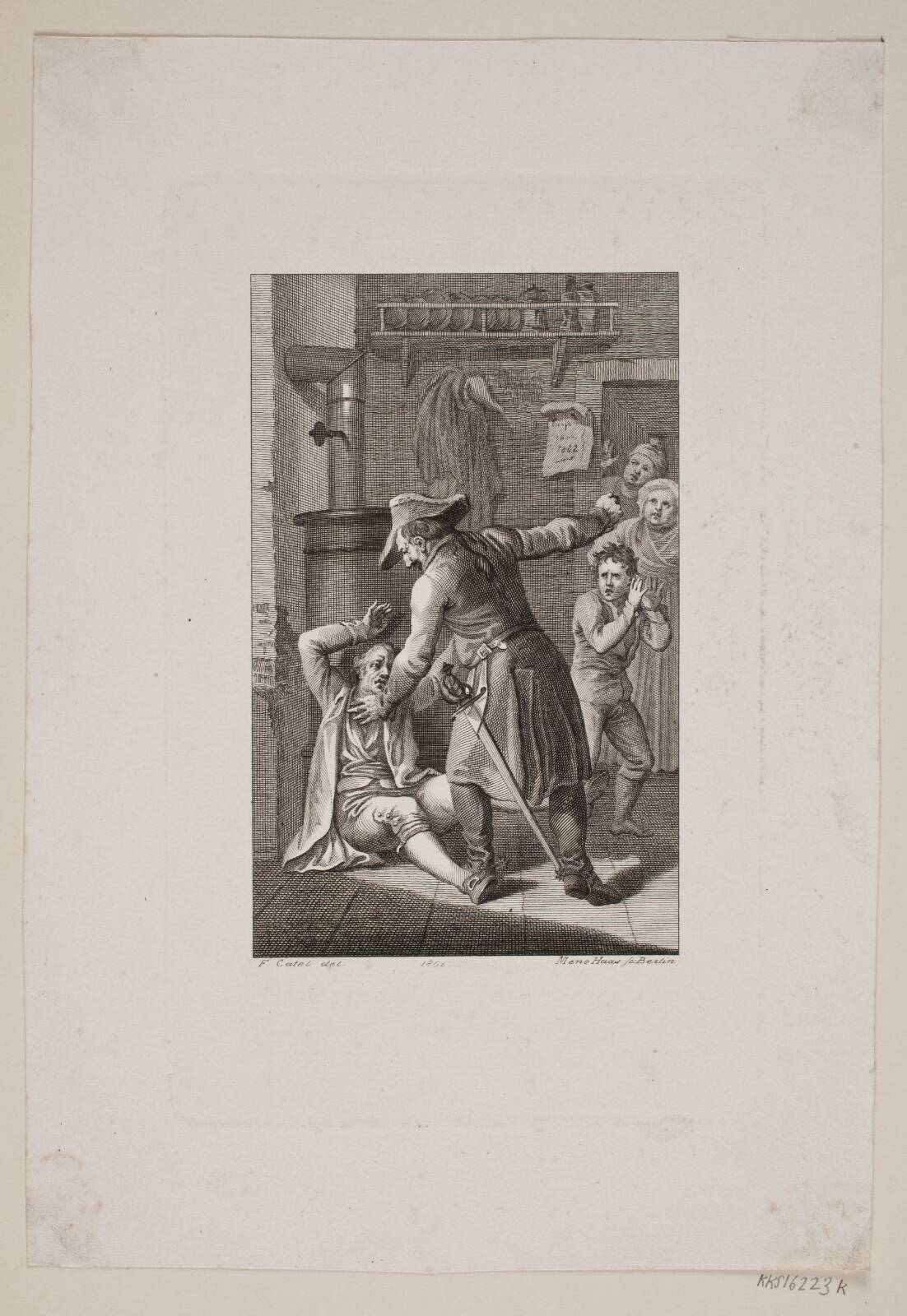 Illustration med uniformeret person i slagsmål med en liggende mand, by Meno Haas, 1801