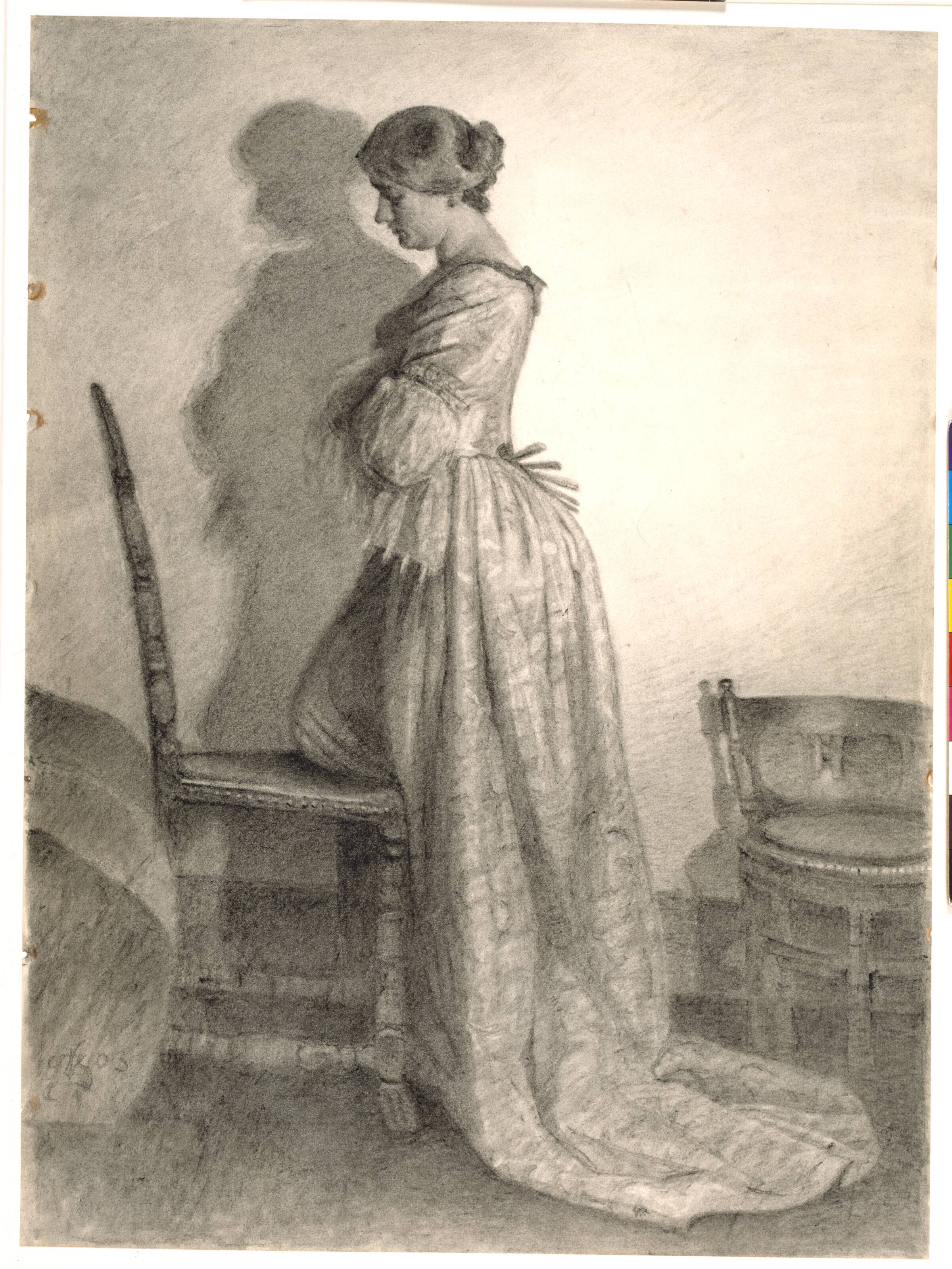Marie Grubbe, kort efter skilsmissen fra Ulrik Frederik Gyldenløve. Helfigur stående i profil mod venstre, Kristian Zahrtmann, 1903