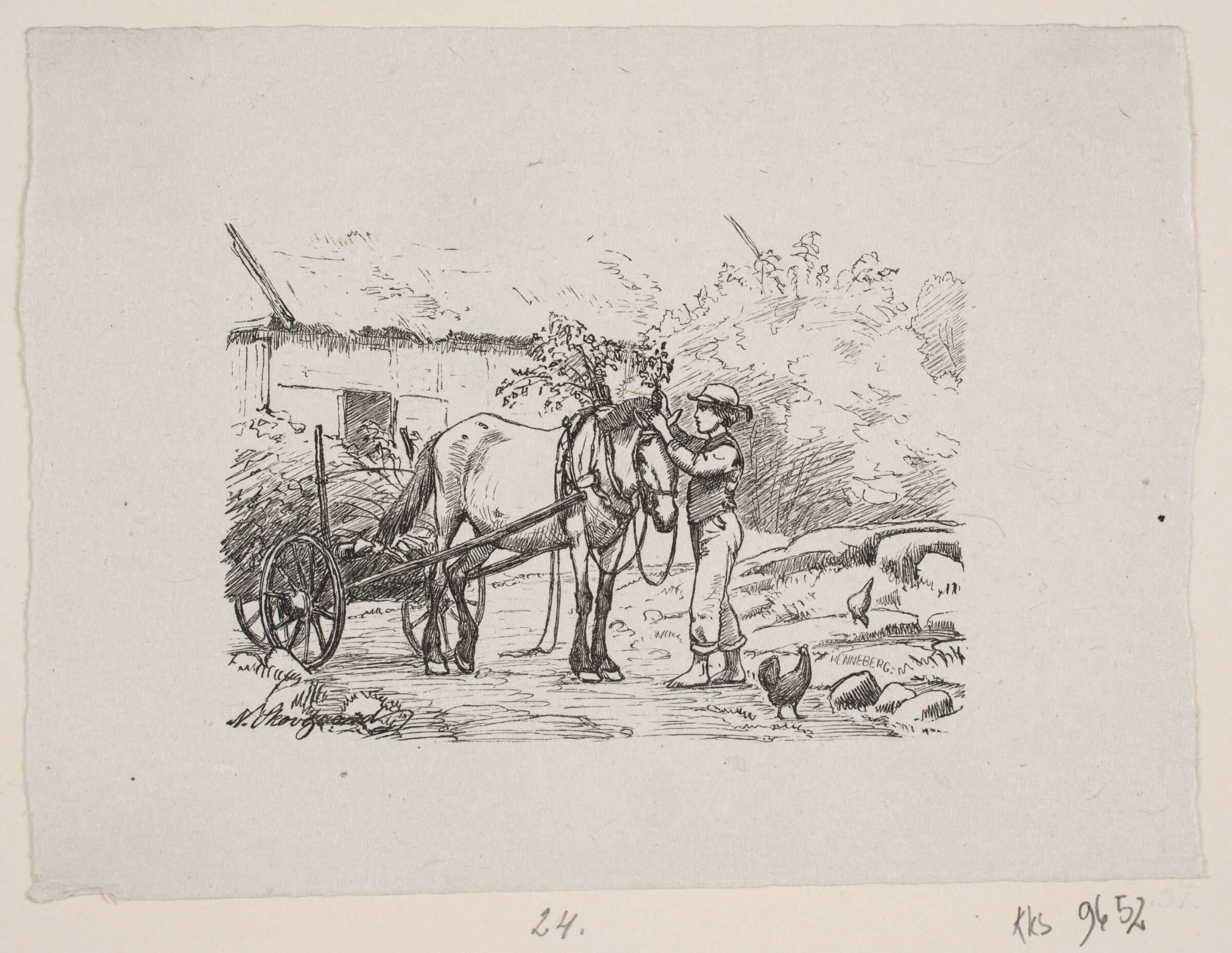 En dreng pynter en hest seletøj med grønne grene, H.C. Henneberg, 1826-1893
