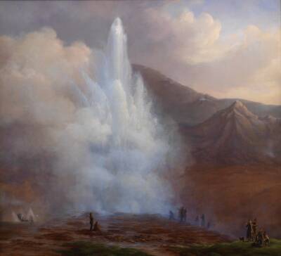Store Geysir på Island under eruptionen i året 1834