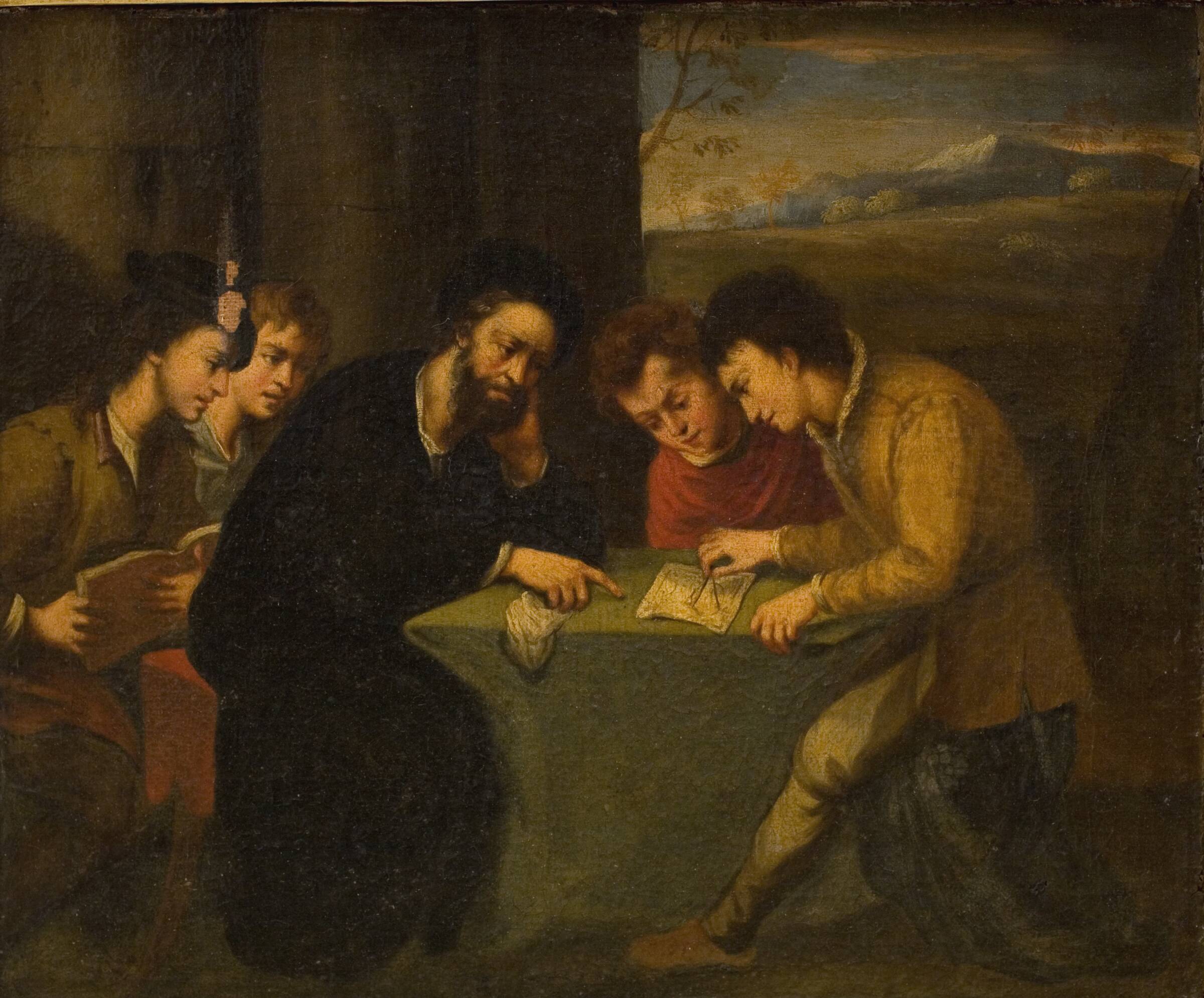 Skoleundervisning, en lærer med fire elever, Pasquale de' Rossi, 1656-1725