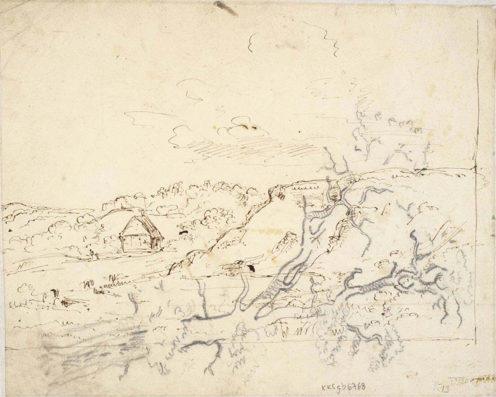 Landskab med hus. Træstudier, Dankvart Dreyer, 1837-1839
