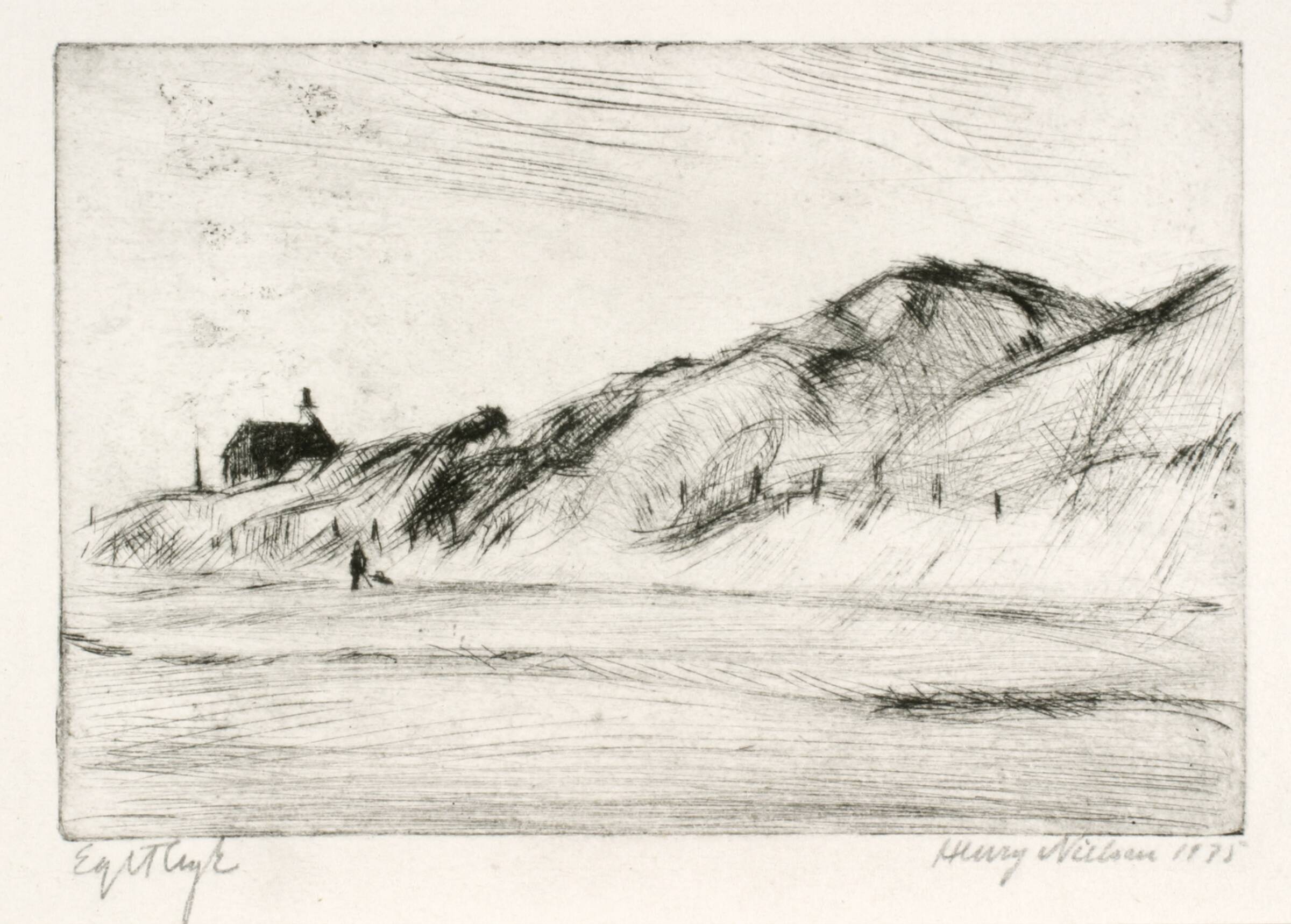 Klitlandskab med hus og person, Henry Nielsen, 1935