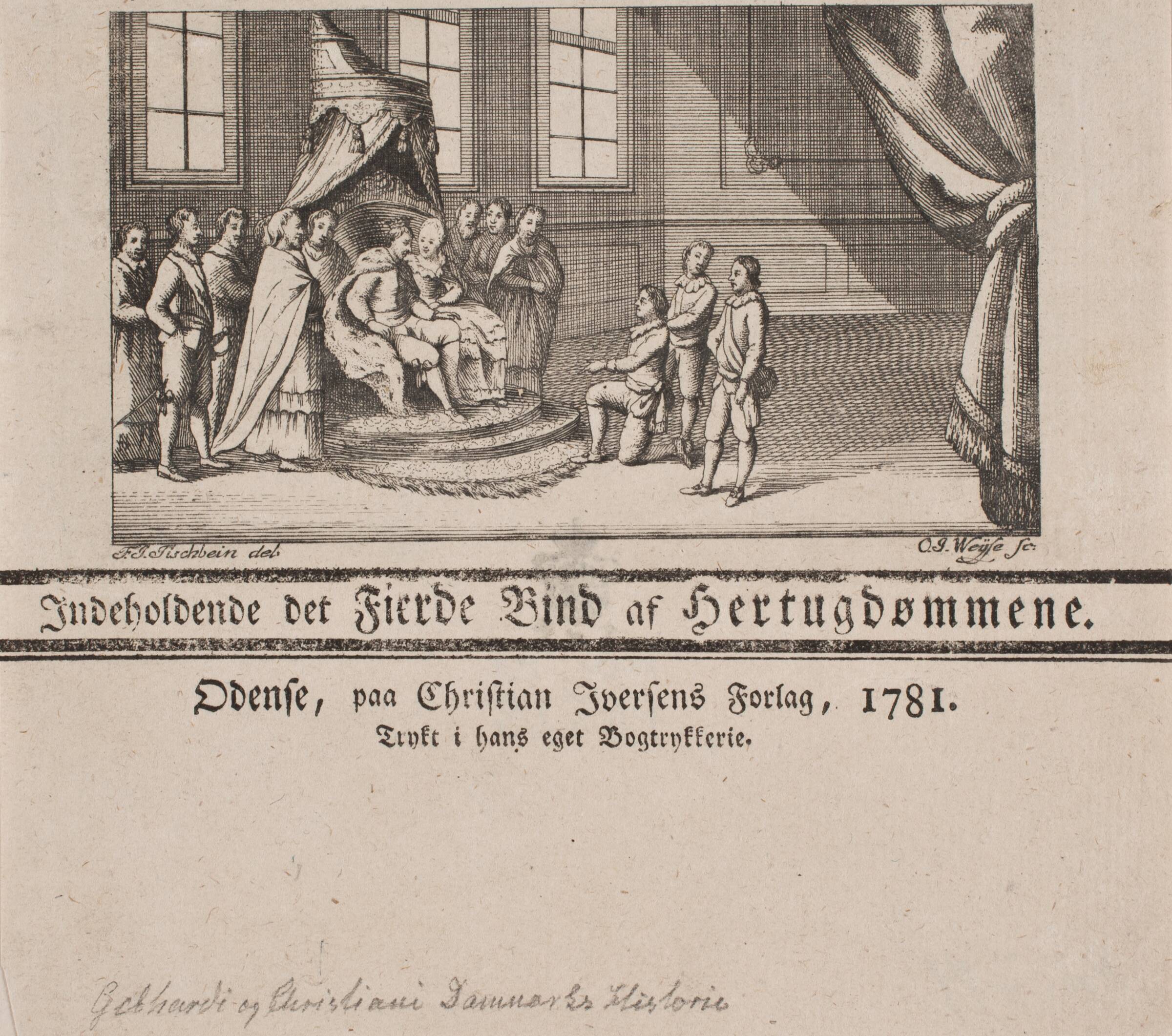 Titelvignet til "Danmarks og Hertugdømmernes Historie", 1781, O. J. Weyse, 1781
