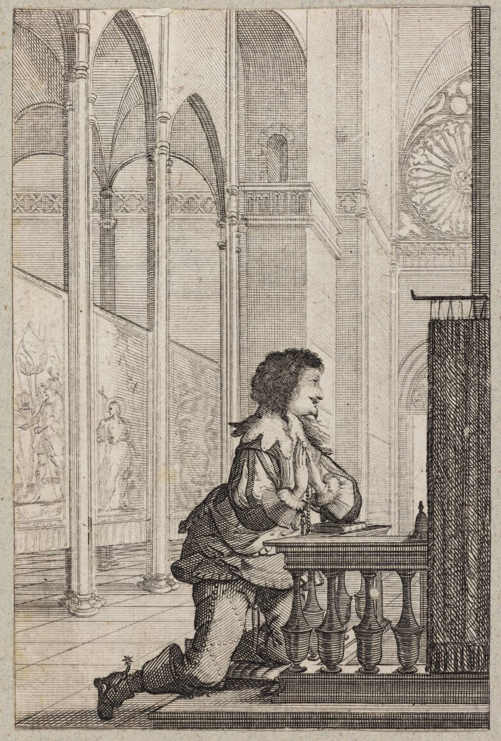 Fransk adelsmand med foldede hænder og rosenkrans, knælende i profil mod højre, Abraham Bosse, 1629