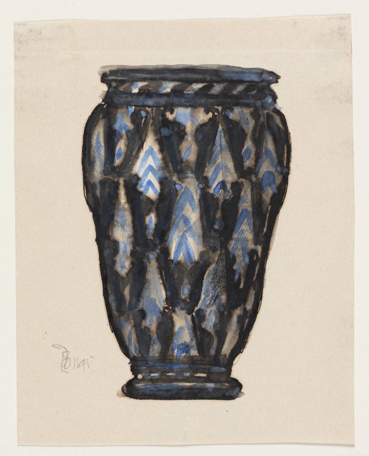 Studie til krukke med blå og sort ornamentik, by Thorvald Bindesbøll, 1895