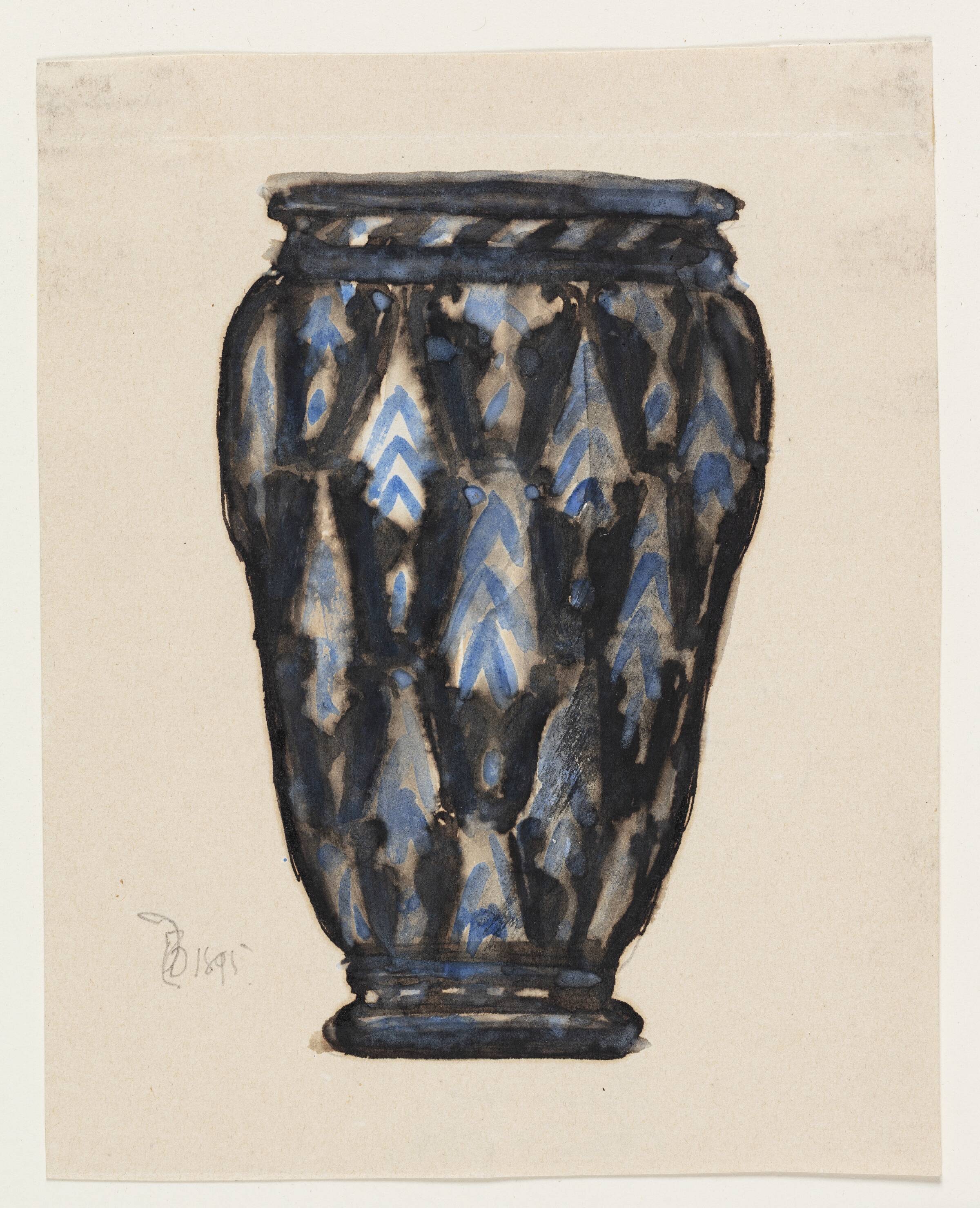 Studie til krukke med blå og sort ornamentik, Thorvald Bindesbøll, 1895