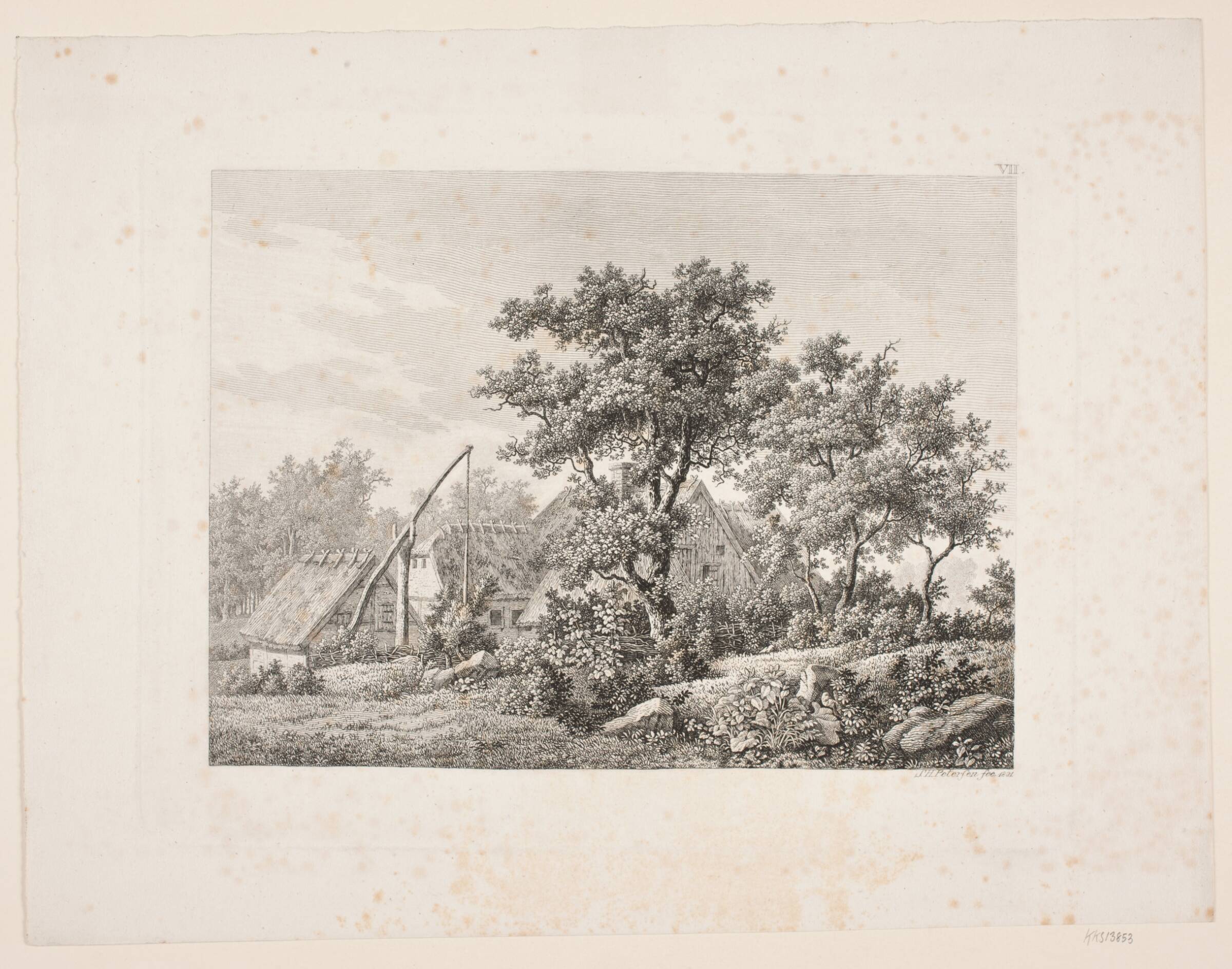 Bondegård ved en vippebrønd, Søren Henrik Petersen, 1831