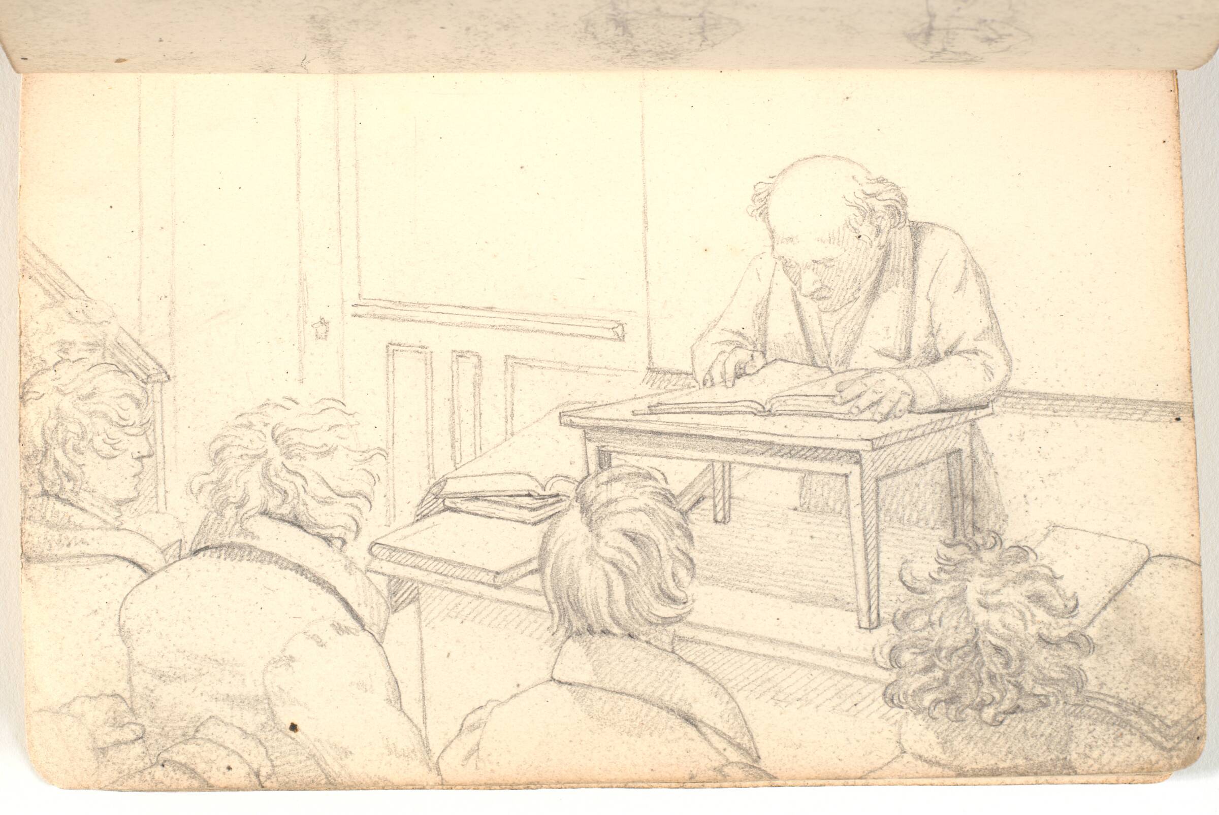 Interiør fra akademiet med oplæser og tilhørere, Martinus Rørbye, 1825-1826