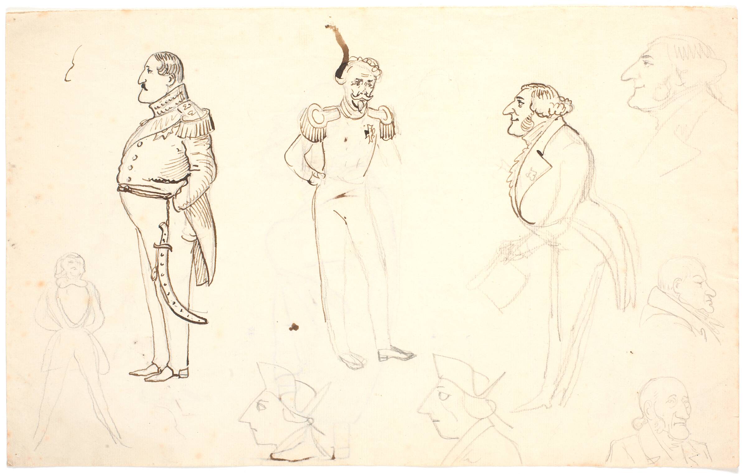 Karikatur af Frederik VII og andre, bl.a. Grundtvig, sandsynligvis Orla Lehmann m.fl., P.C. Skovgaard, 1840-1849