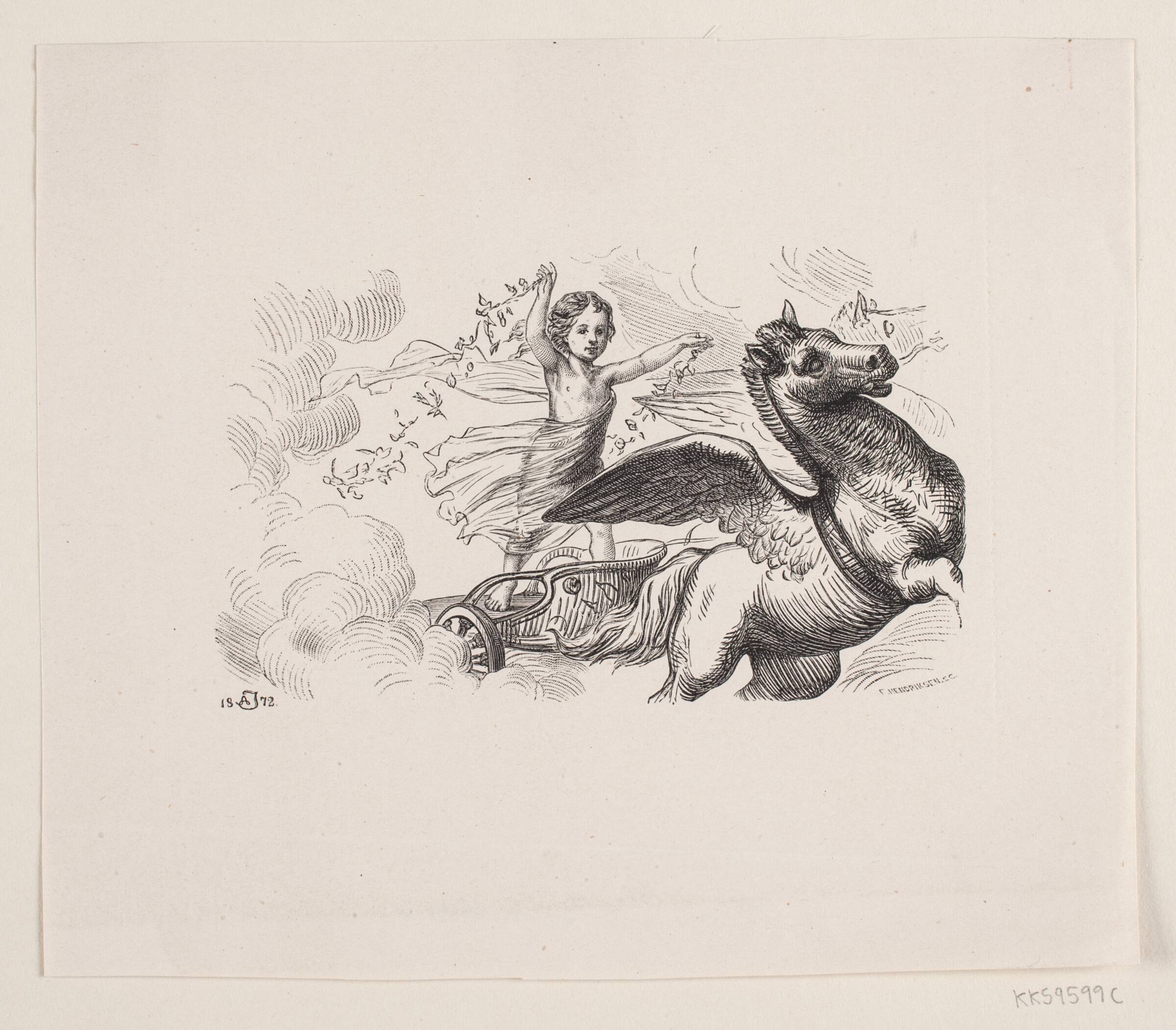 Vignet. Geni stående på en af Pegasus trukken Vogn, F. Hendriksen, 1872-1923